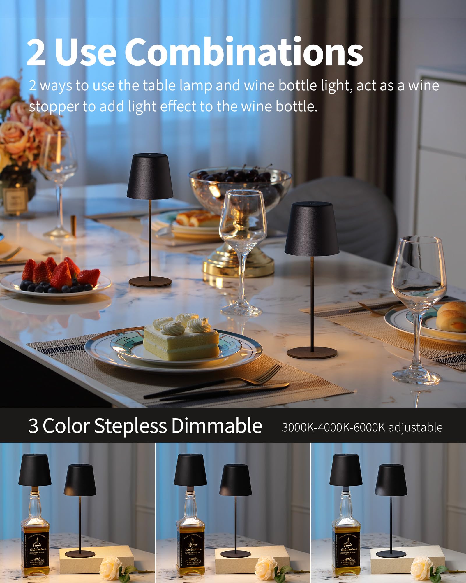 Newsee 2 Pack Bottle Lamp For Rechargeable Cordless Table Lamps, Led 3 Color Dimmable Battery Powered Wine Bottle Lighting, Port