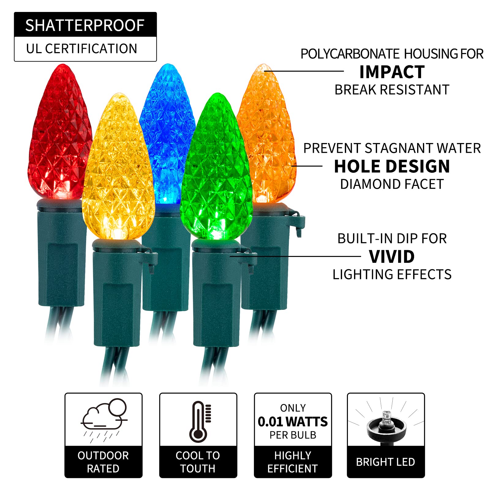 Brightown C6 LED Christmas String Lights, 20ft, 60 LEDs, Battery Operated, Multicolor, with Timer and 8 Light Modes