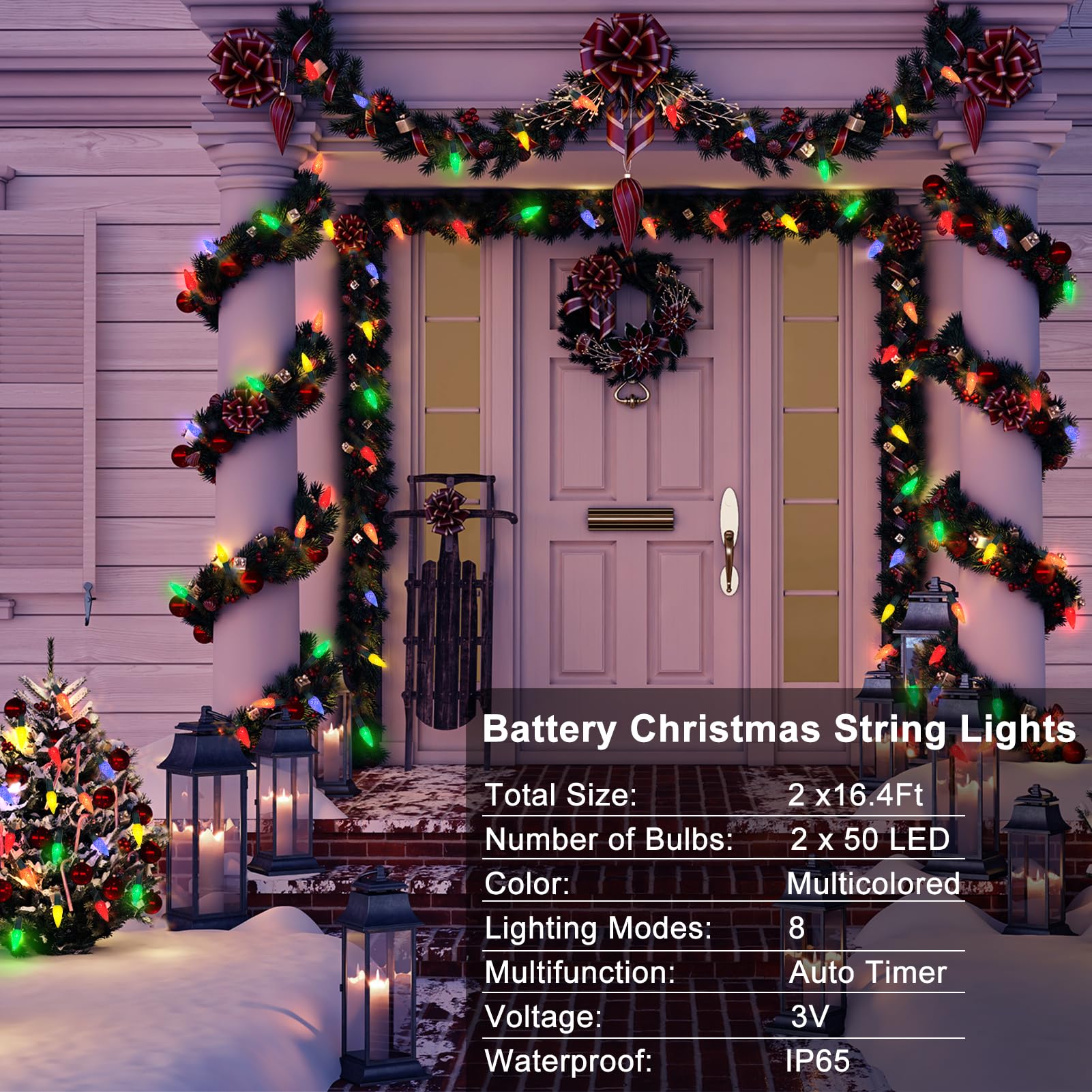 Dbfairy 2Packs C6 Battery Operated Christmas Lights,16.4Ft Strawberry String Light With Timer 8 Lights Modes,Multicolor Battery