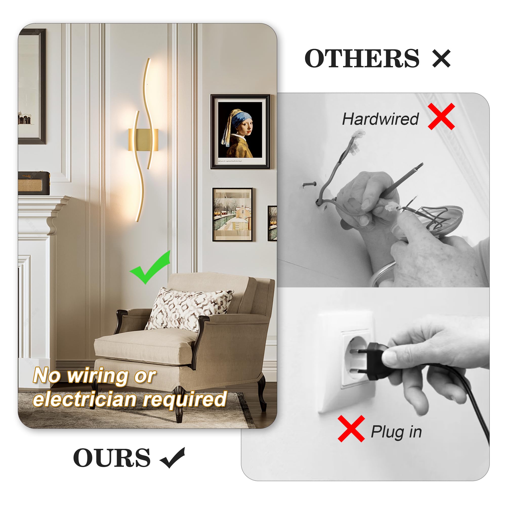 KARTOOSH Battery Operated Wall Sconces Set of Two, Dimmable LED, Gold, 27.5 Inch, Remote Control, Modern Design for Living Room, Bedroom