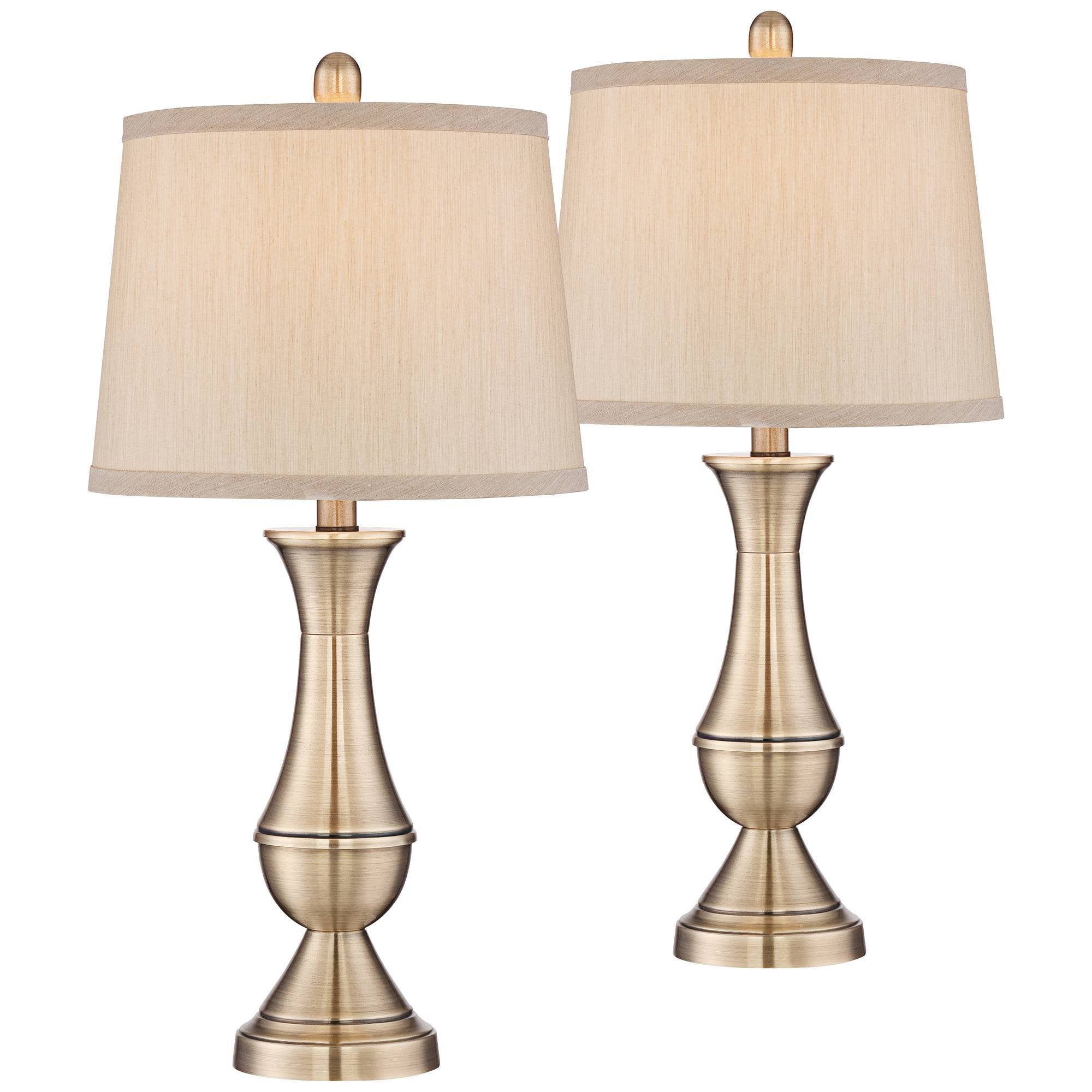 Regency Hill Becky Traditional Table Lamps 24.75'' High Set Of 2 Antique Brass Gold Metal Beige Tapered Drum Shade Decor For Liv