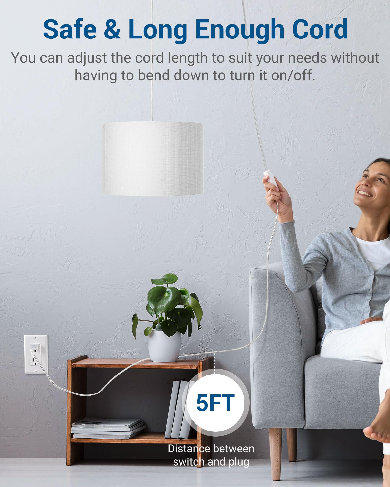 Dewenwils Hanging Pendant Light With Plug In Cord, Plug In Wall Light With 15Ft Cord, On/Off Switch, White Fabric Lamp Shade, Ha