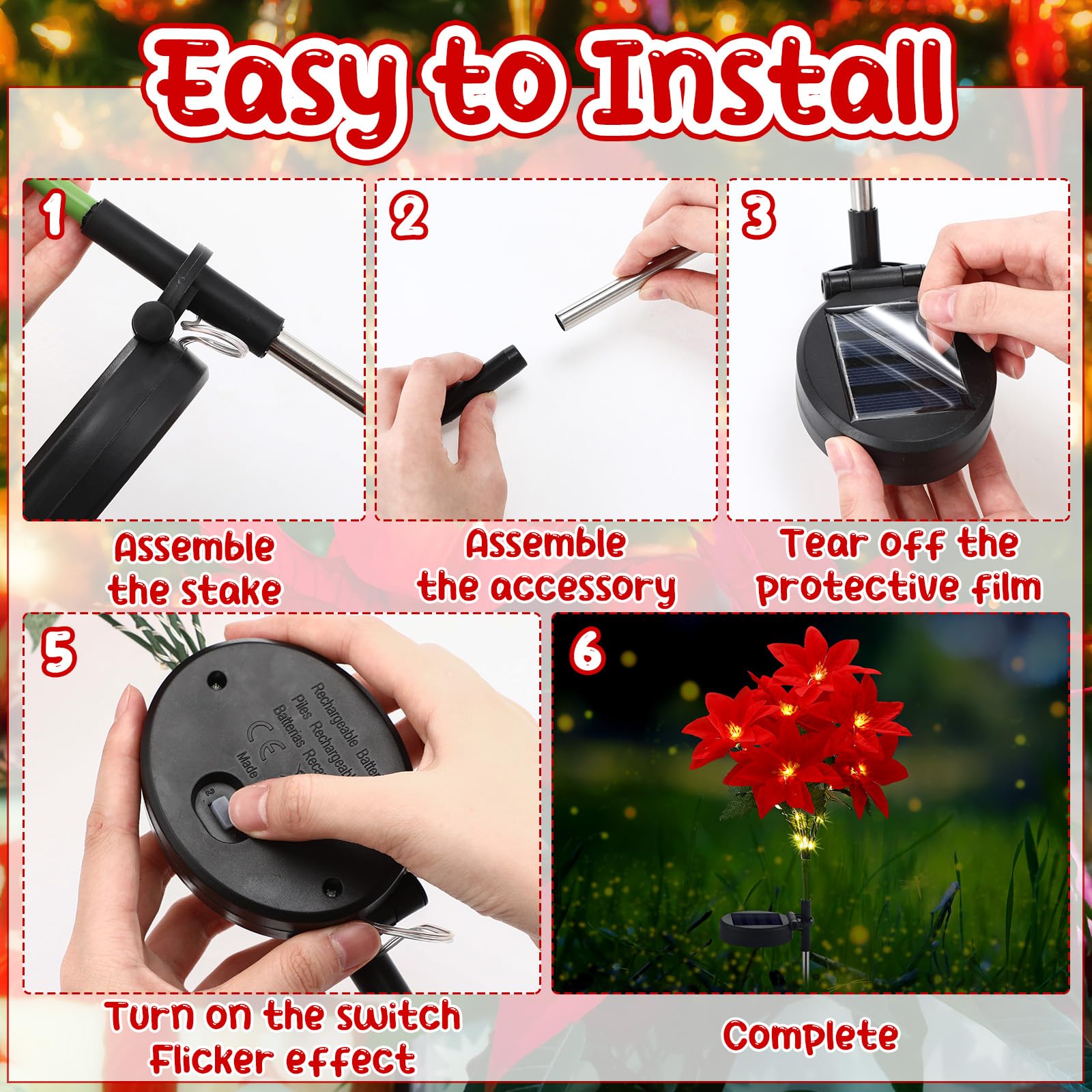 VIHOSE Christmas Solar Poinsettia Lights - Waterproof Artificial Flowers for Outdoor Yard, Lawn, Garden, Pathway - Red & Green (4 Pack)