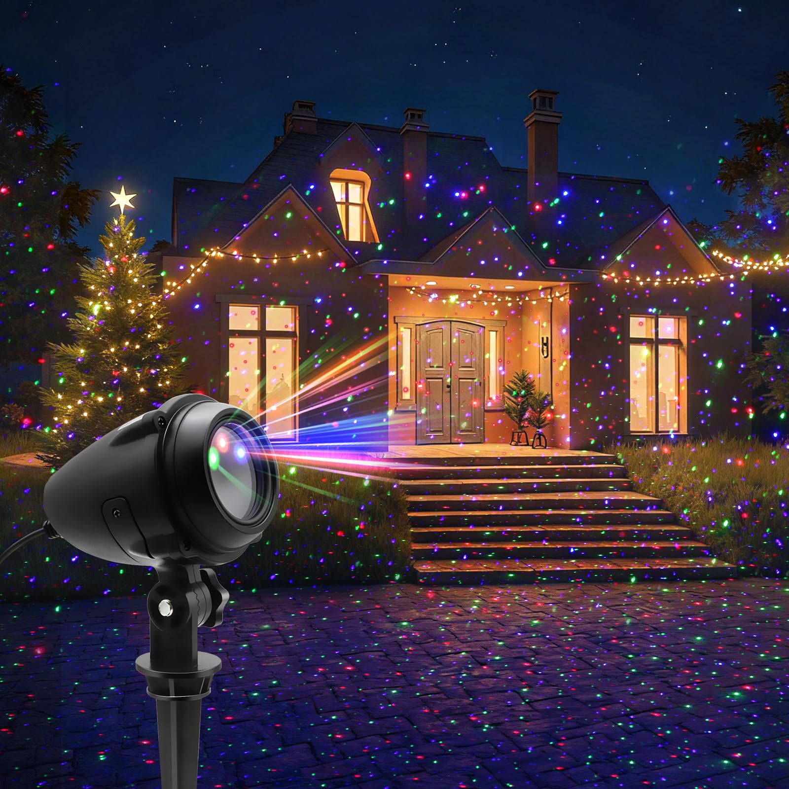 SUNFUCAN Outdoor Christmas Projector Lights, Outdoor Garden Lights, Featuring Red, Green, and Blue Stars Accents, IP65 Waterproo