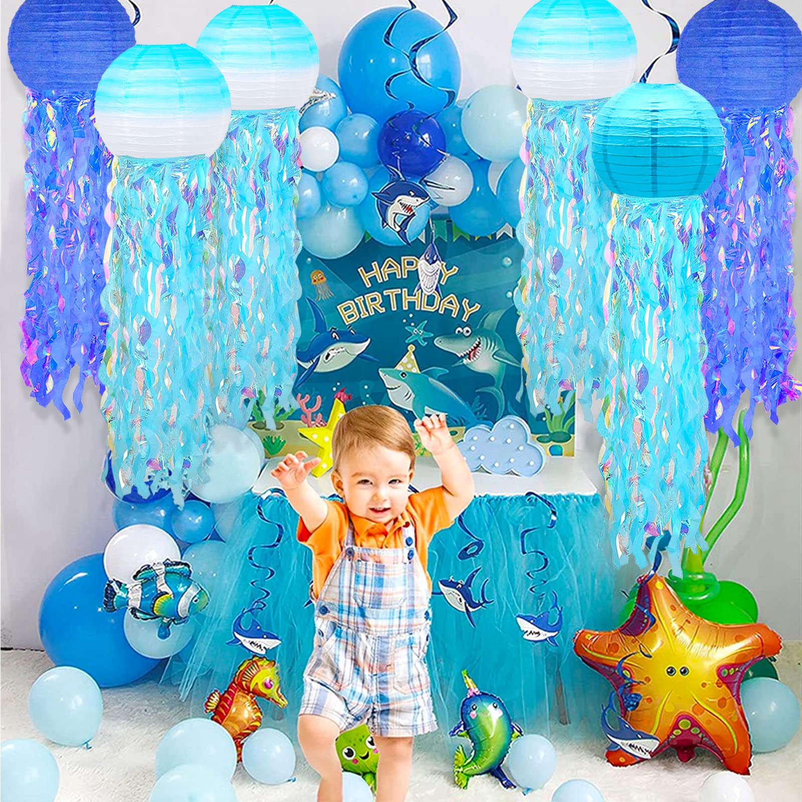 6 Packs Jellyfish Paper Lanterns Hanging Mermaid Wishes Lantern Gradient Blue Sky Blue Ocean Theme Party Supplies Great For Kids