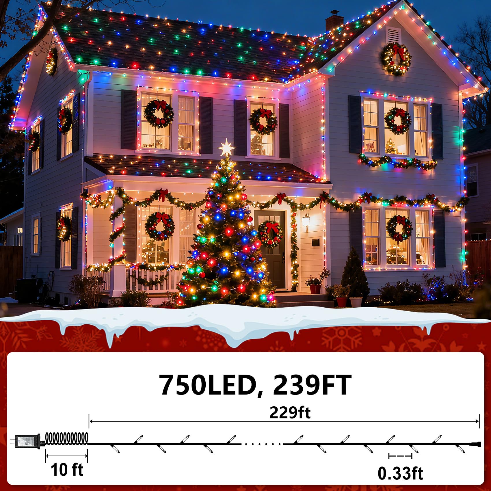 750 Led Christmas String Lights Outdoor  240Ft Twinkle Fairy Lights With Timer & Memory  12 Modes Dimmable Waterproof Tree Light For House Patio Wedding Party Christmas Decororations  Multicolor