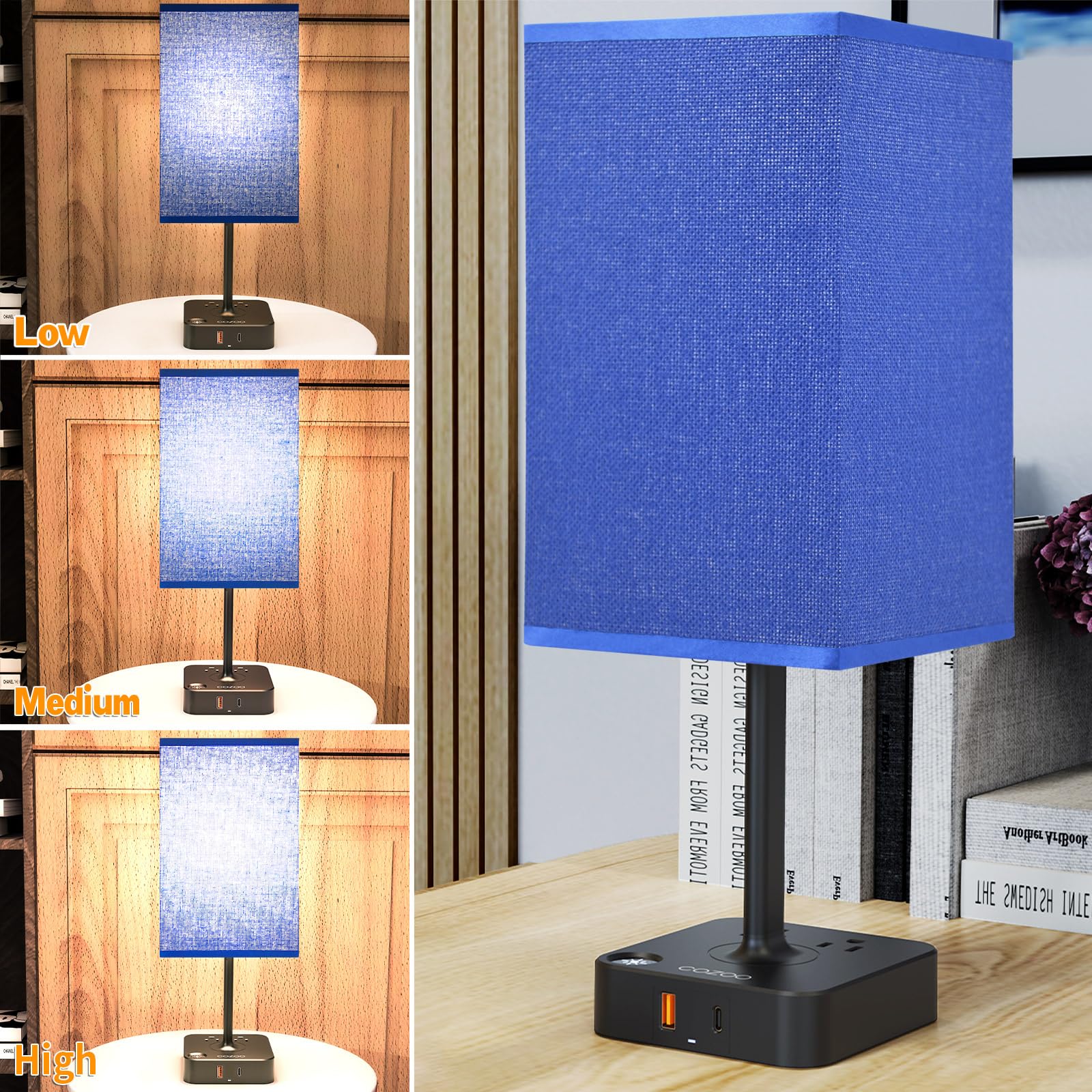 Dimmable Table Lamp With Blue Shade Bedside Lamp With Light Bulb,2 Usb C+A Ports And Dual Ac Outlets,3 Way Dimmable Touch Small