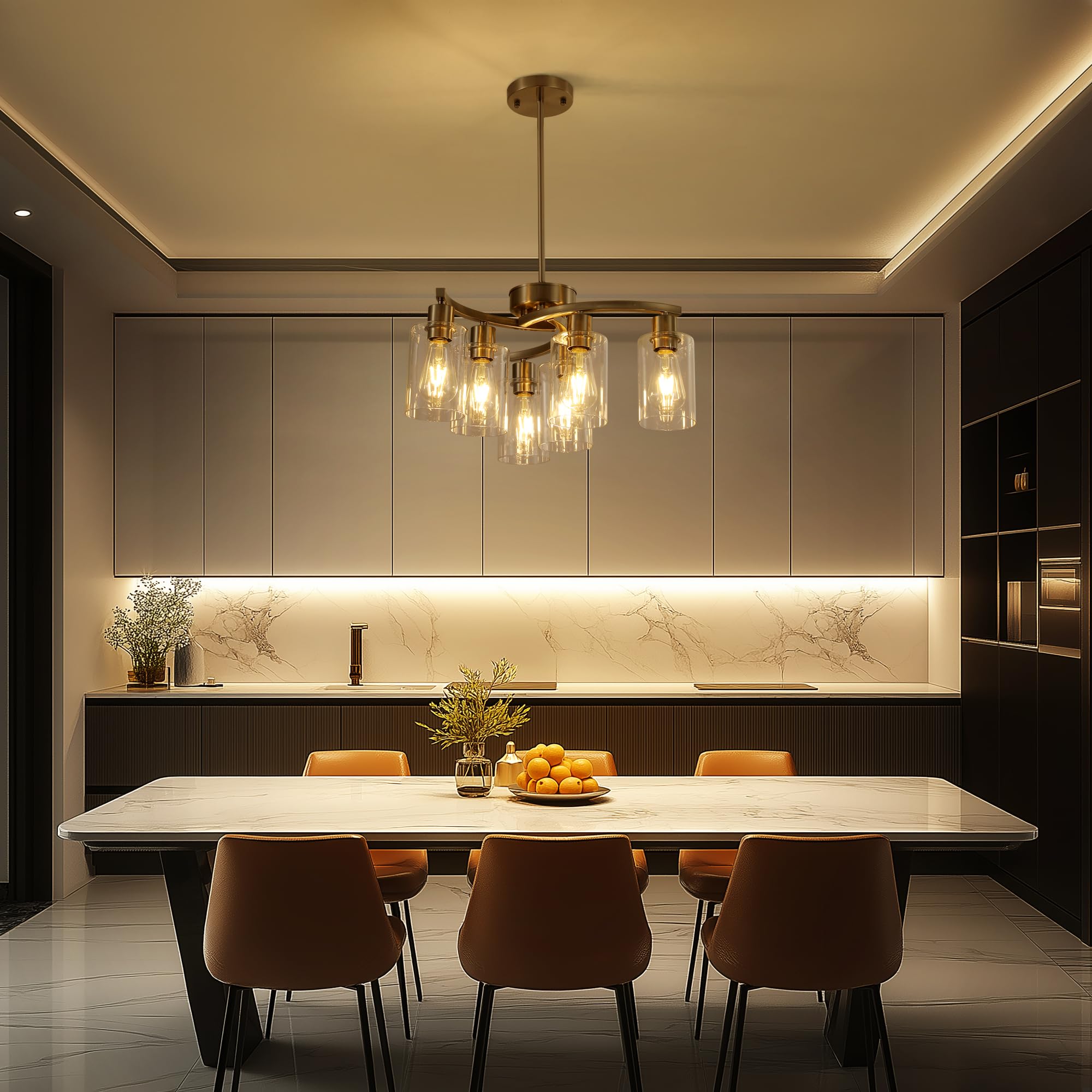 Sigaitwei 6-Light Brushed Nickel Chandelier, 21.7" Metal Pendant Light Fixture for Dining Room, Kitchen Island, Downward Clear Glass Shade