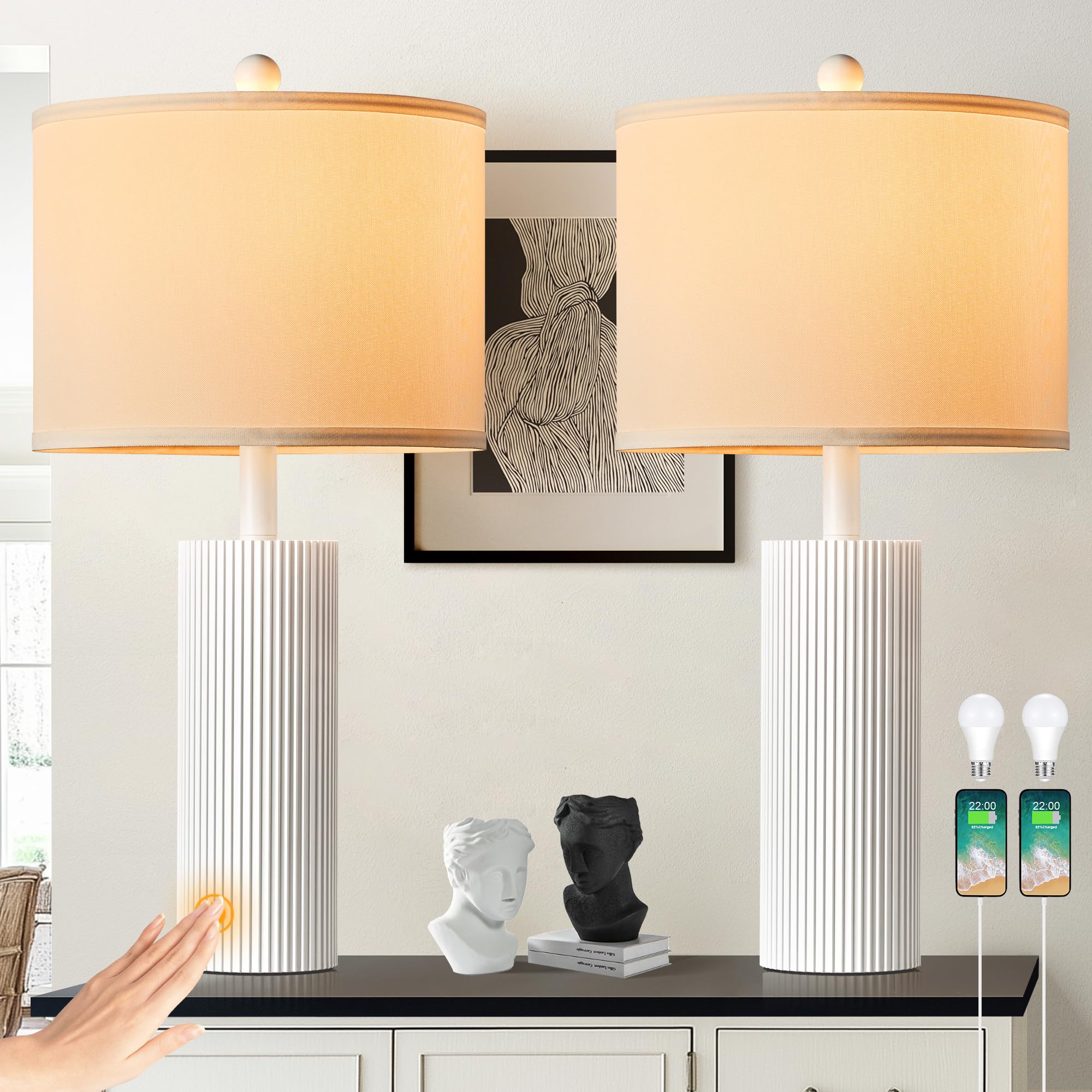 BZZMMB 24.5'' White Table Lamps Set of 2, Modern Lamps for Living Room End Tables with USB C+A Ports, Metal Touch Light Fixture 