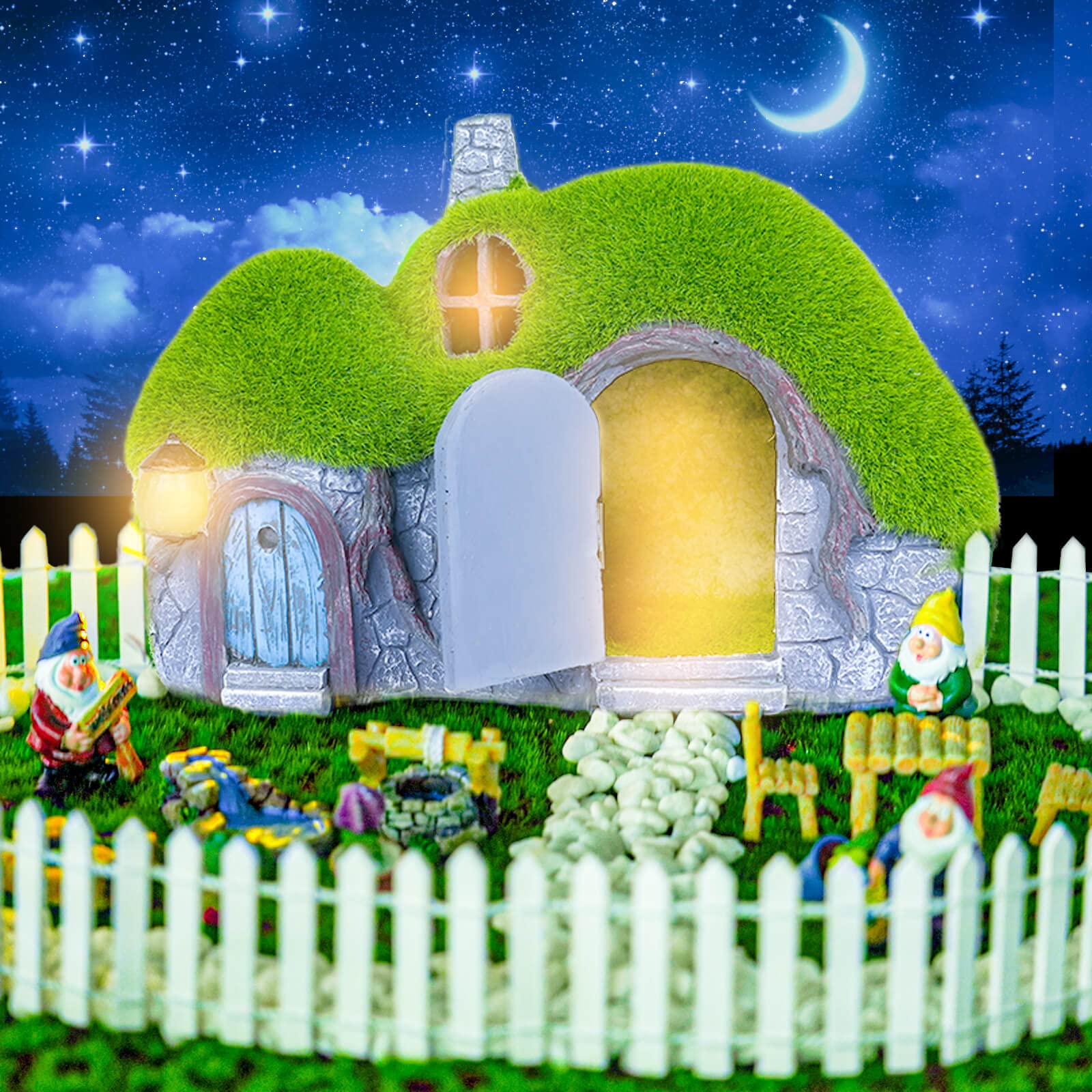 Darkdec Garden Statues Outdoor Decor - Fairy House with Waterproof Solar Lights Resin Figurines for Yard Lawn Porch Outside Orna