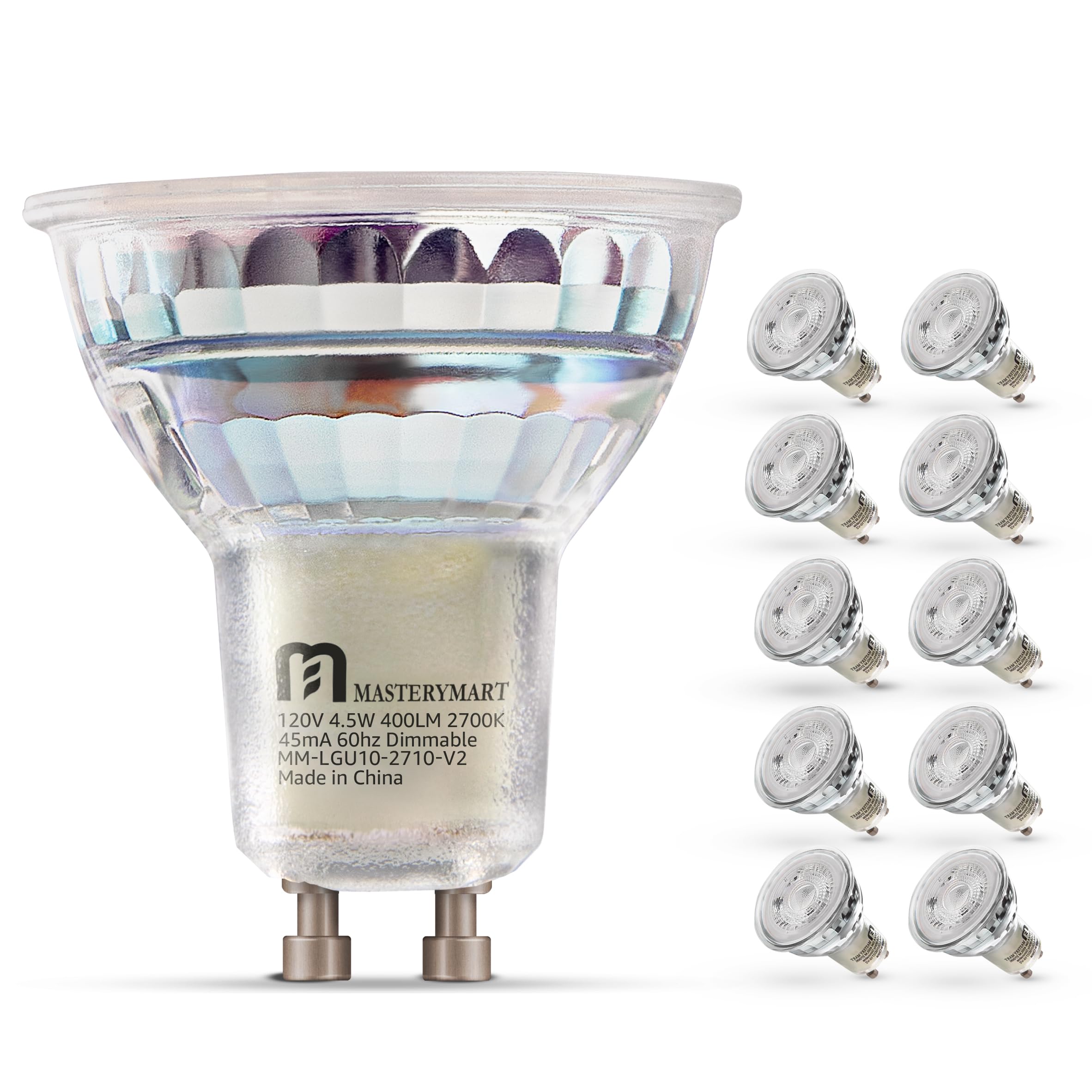 MASTERY MART GU10 LED Bulbs Dimmable, 50 Watt Halogen Equivalent, 2700K Soft White, 4.5W Flood Light Bulbs, MR16 Spot 400lm 40 B