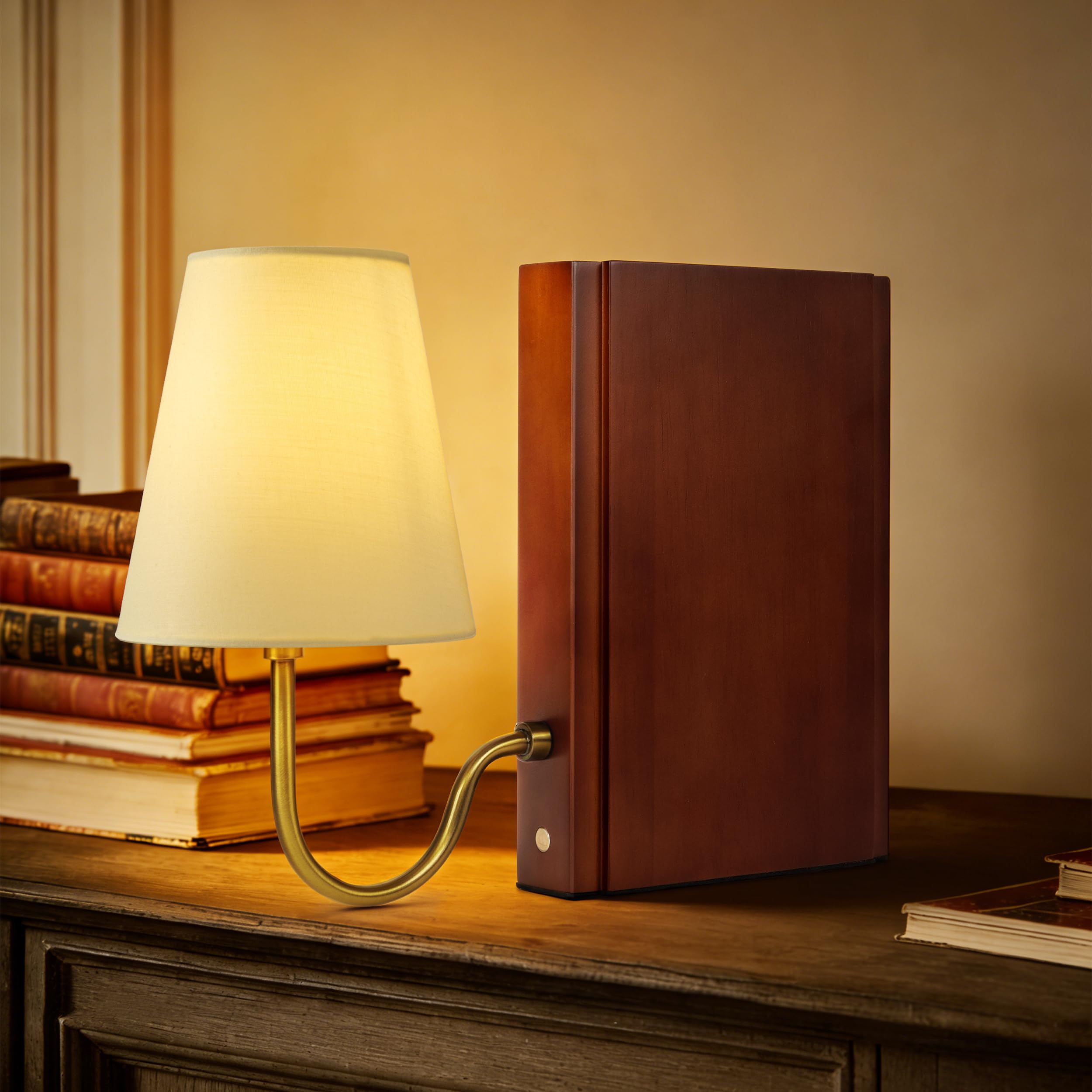 AELS Wooden Bookshelf Lamp with Bulb  Cordless Touch Dimmable Table Lamp with Linen Fabric Shade  Battery Operated  Modern Decorative Bookend  Book Sconce for Office Home Bedroom Bookshelf  Dark Brown