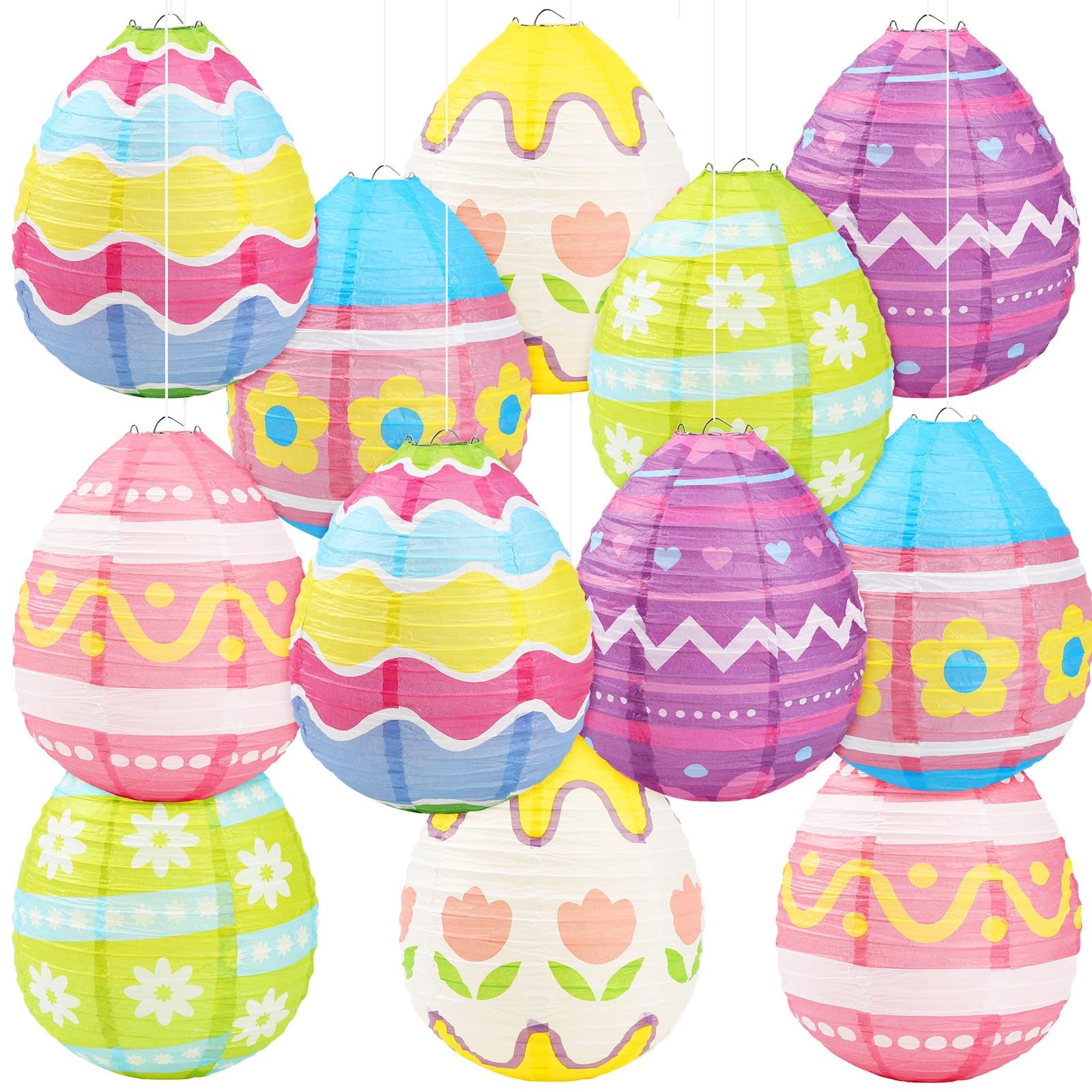 DECYOOL 12 Pieces Pastel Paper Lanterns, 6 Styles of Easter Egg Colorful Hanging Lantern Decor for Parties, Classroom Home Indoo
