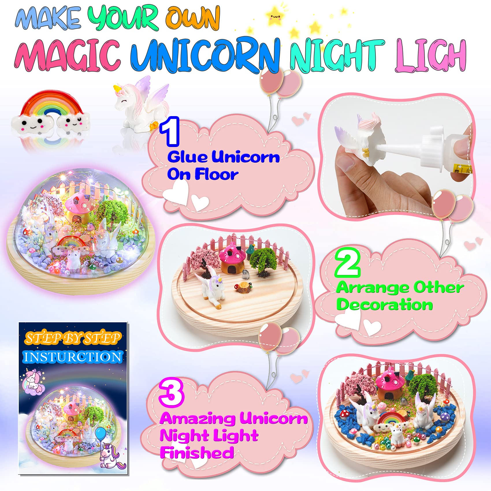 Y YOFUN Unicorns Gifts for Girls - Crafts for Kids,Make Your Unicorn Night Lights Kit with Rainbow Fairy Lights,Gifts for 5 6 7