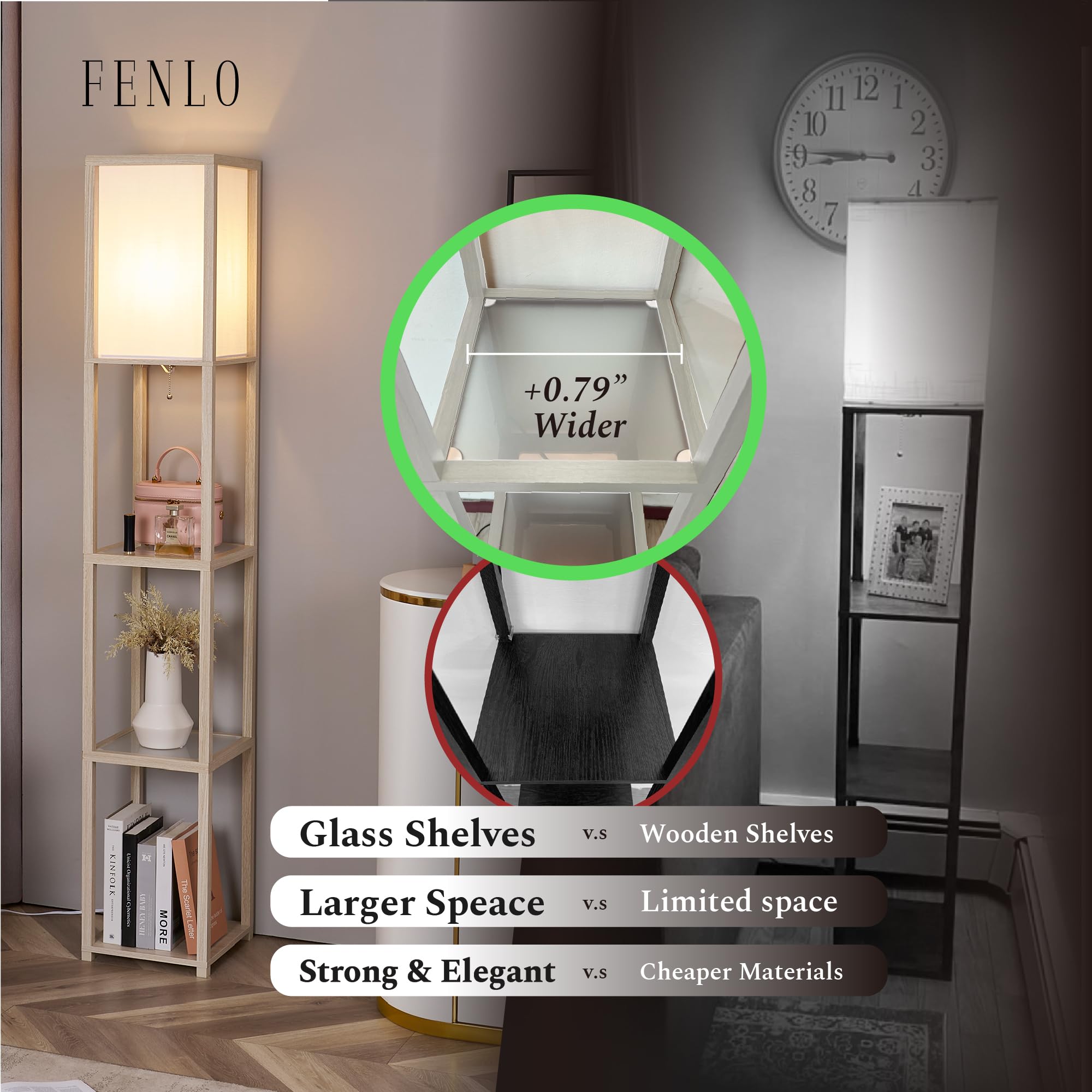 Fenlo Floor Lamp With Shelves - Tall Standing Lamp With Tempered Glass Tiers - Modern Minimalist Floor Lamp For Bedroom, Living