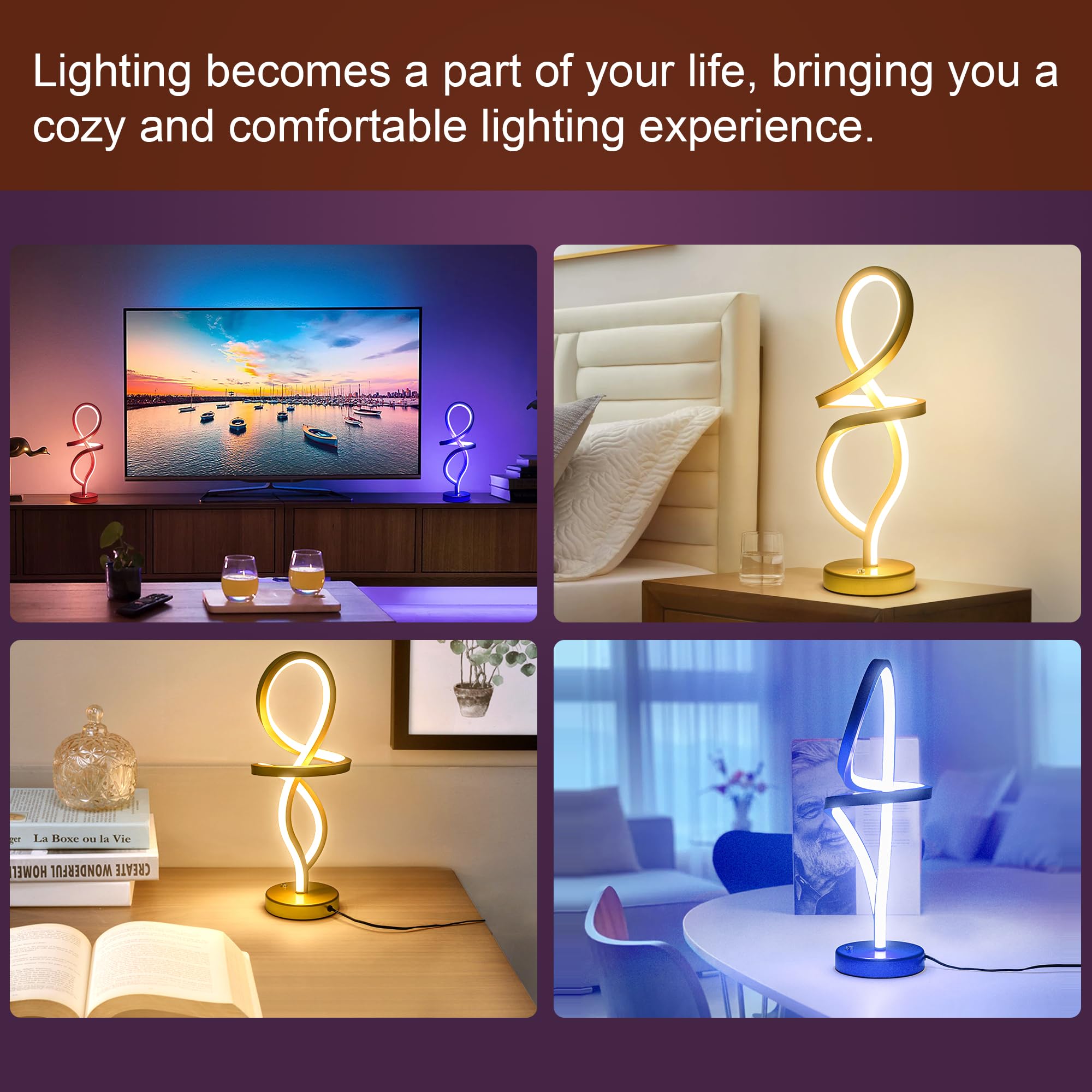 Mayful Modern Table Lamp,Rgb Table Lamp,Led Spiral Lamp, Gold Bedside Lamp With 7 Colors 10 Light Modes, Touch Dimmable Nightsta
