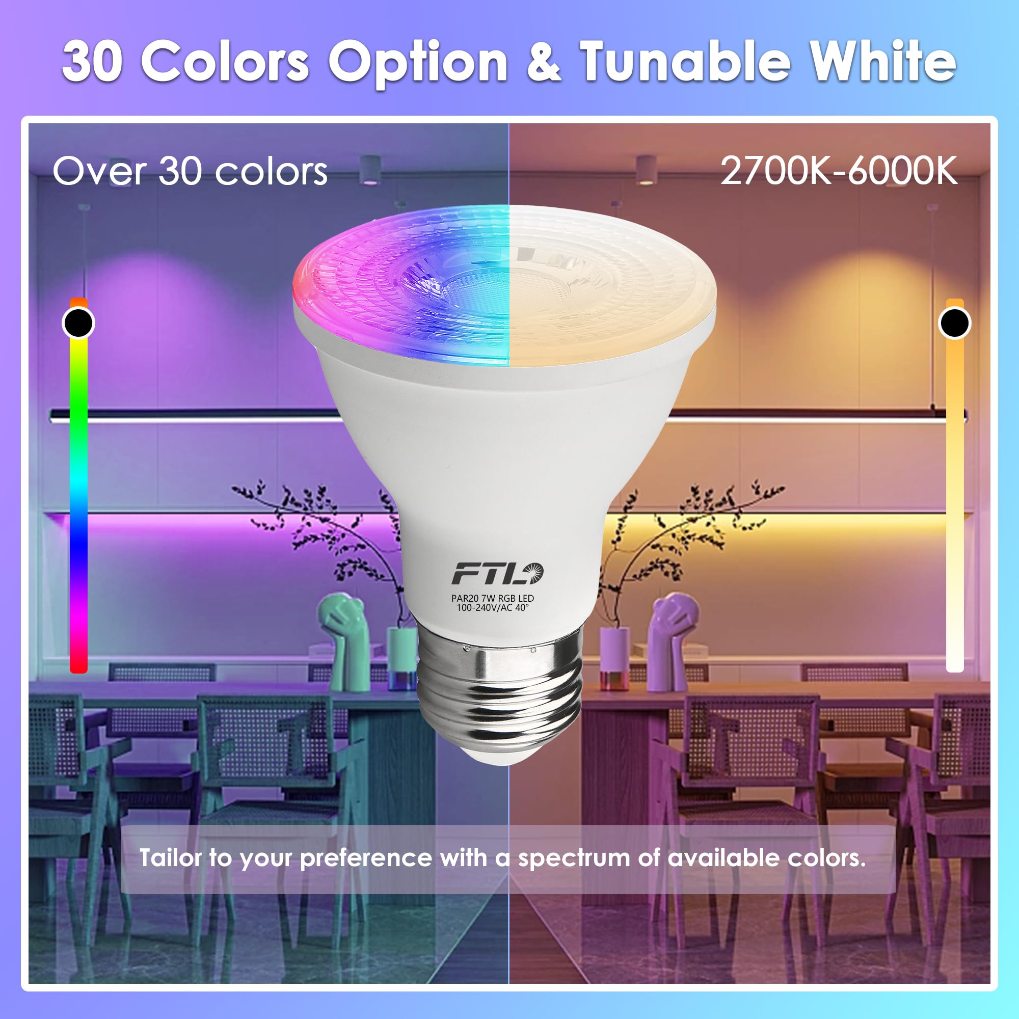 FTL PAR20 LED Bulbs, 7W Color Changing RGB, Dimmable, Remote Control, 10-Pack, 2700K-6000K, Flood Light for Track/Recess