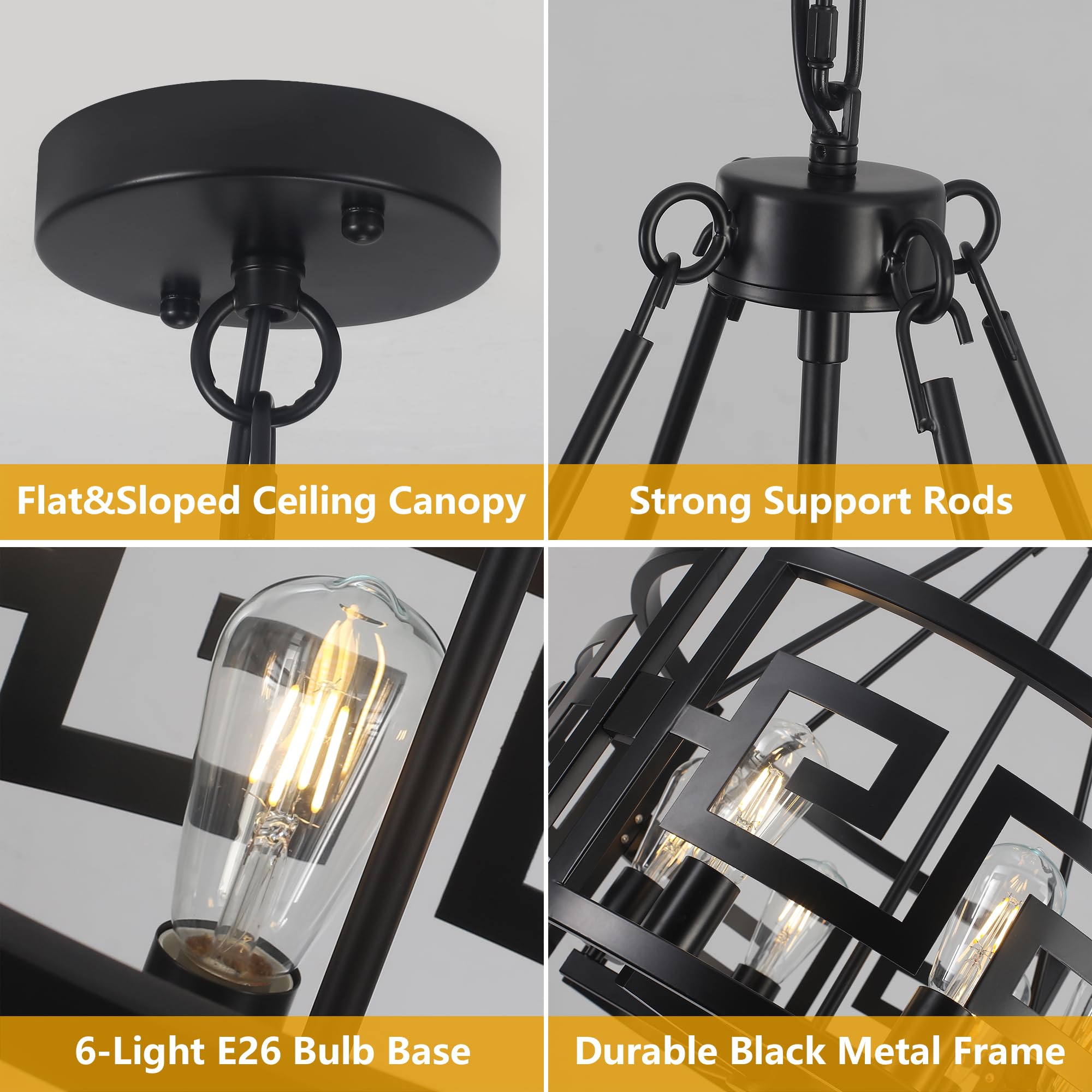 21.6'' Black Round Drum Chandeliers Dining Room Light Fixtures 6-Light Farmhouse Rustic Industrial Pendant Light Kitchen Island