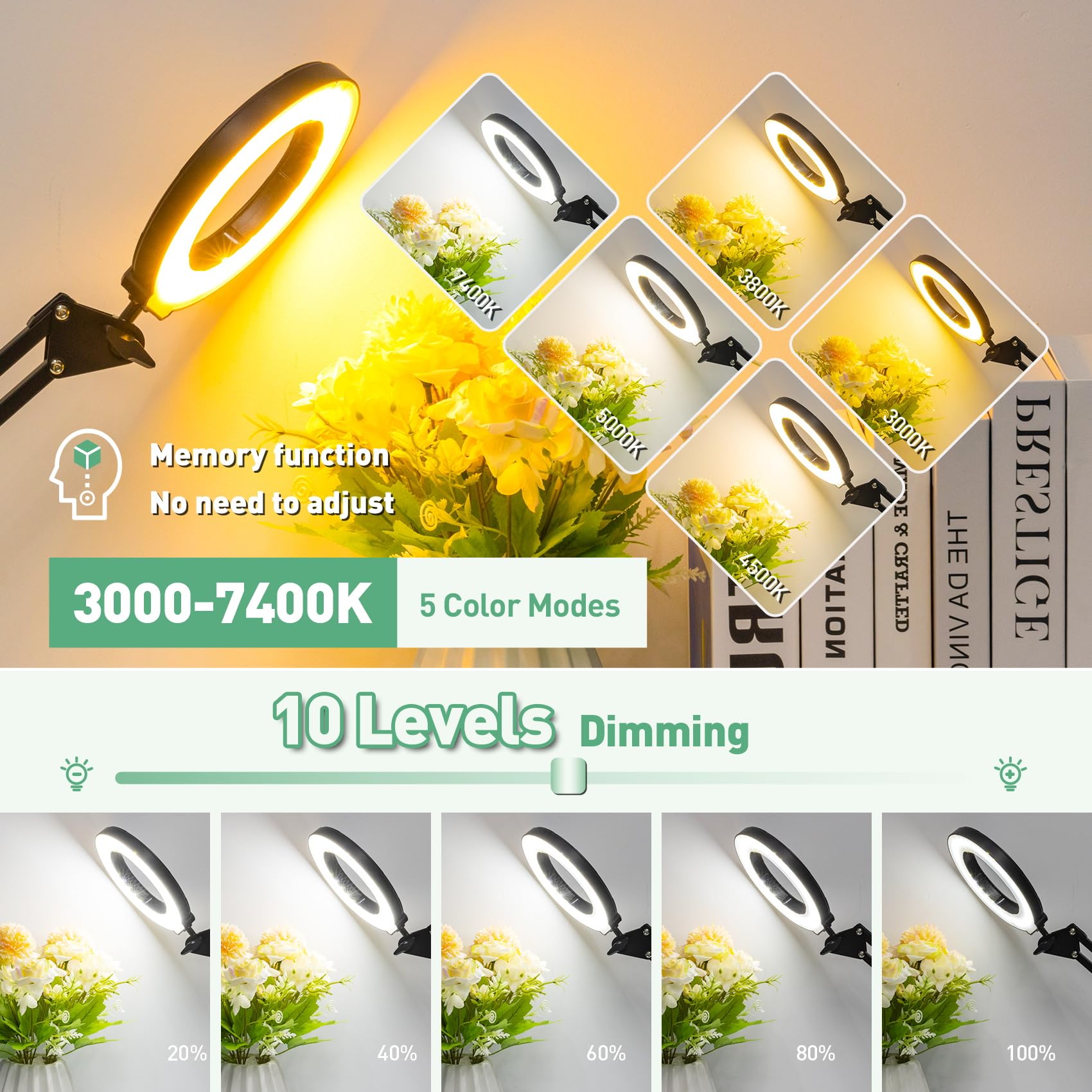 Kmdes 12X Magnifying Glass With Light, Ultra Long 3 Section Swing Arm Led Desk Lamp With Large Clamp, 5 Color And Brightness Han