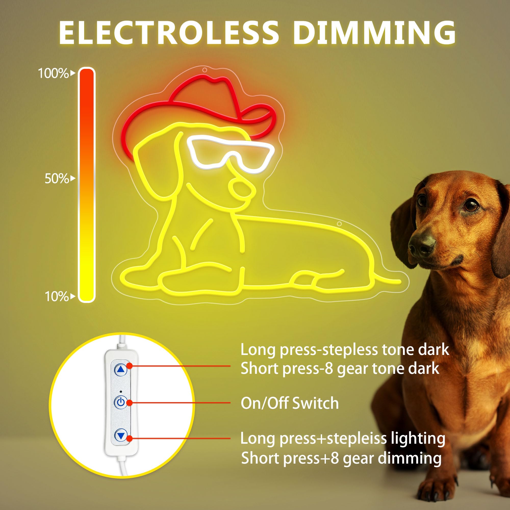 ZLOOREE Dachshund Neon Sign, Dimmable LED Wall Decor, 11.7inx15in, Acrylic, White/Red/Yellow, Model 10
