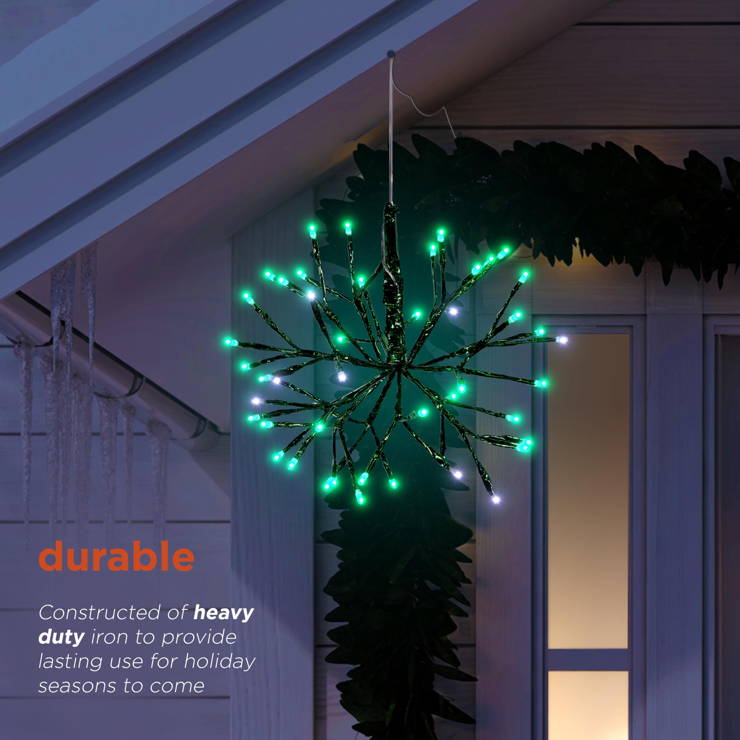 Alpine Corporation Christmas Twig Snowflake Ornament, LED Lights, 10-Inch, Metal, Green, Model CRD100S-GN