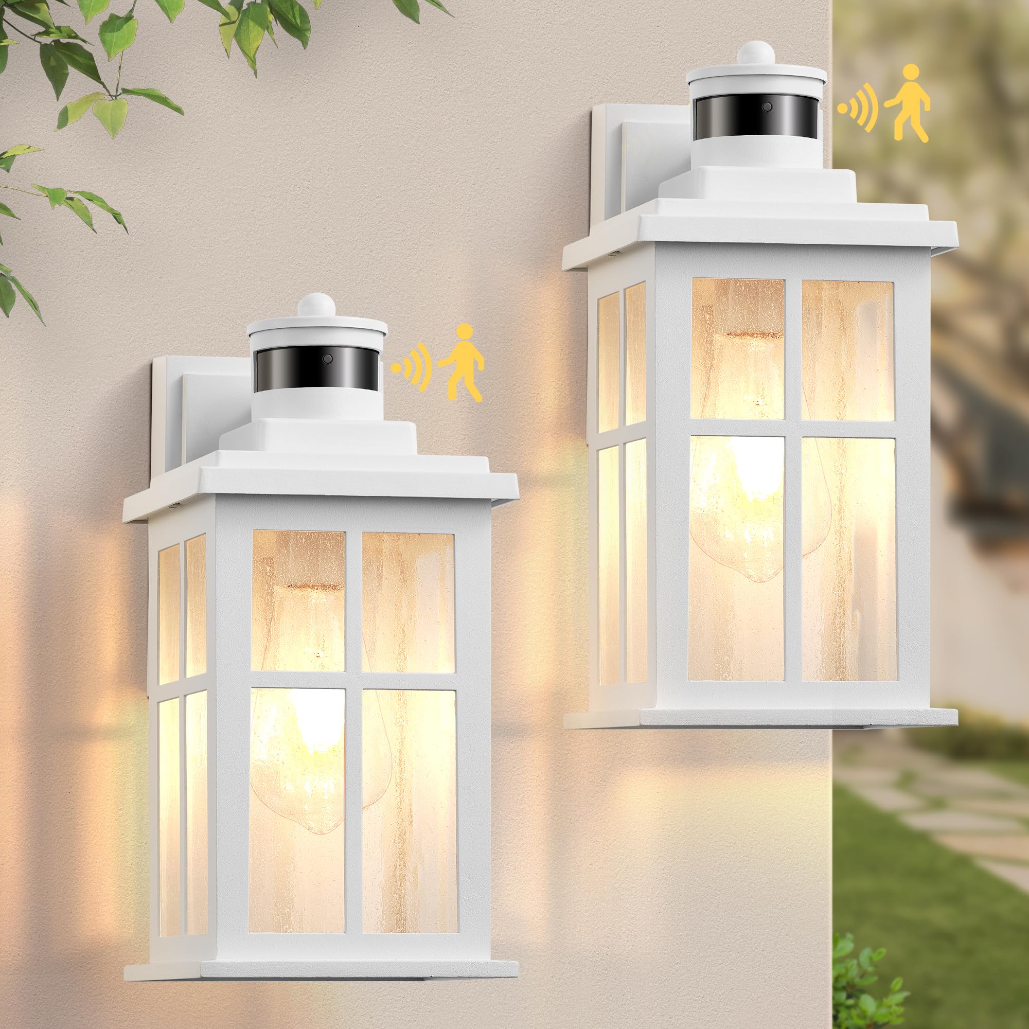 VIANIS White Motion Sensor Outdoor Wall Lights  2 Packs Front Porch Lights Outdoor Wall Sconce Lantern  Anti-Rust Waterproof Exterior Lighting Fixtures Wall Mount  Dusk to Dawn Outdoor Garage Lights