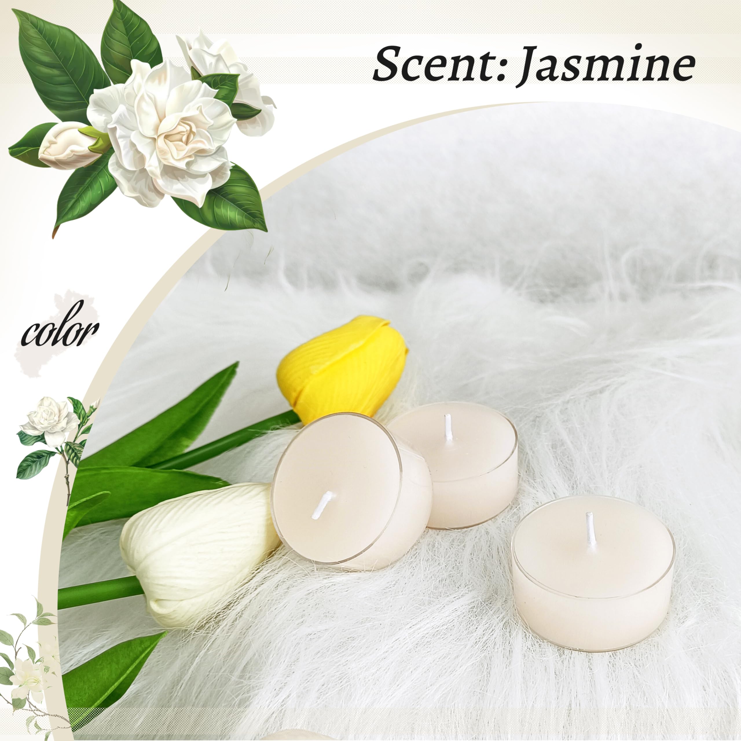 FCMSHAMD Jasmine Scented Tealight Candles, White, Paraffin Wax, 1.5x0.7 In, 24 Pack, 6 Hour Burn Time