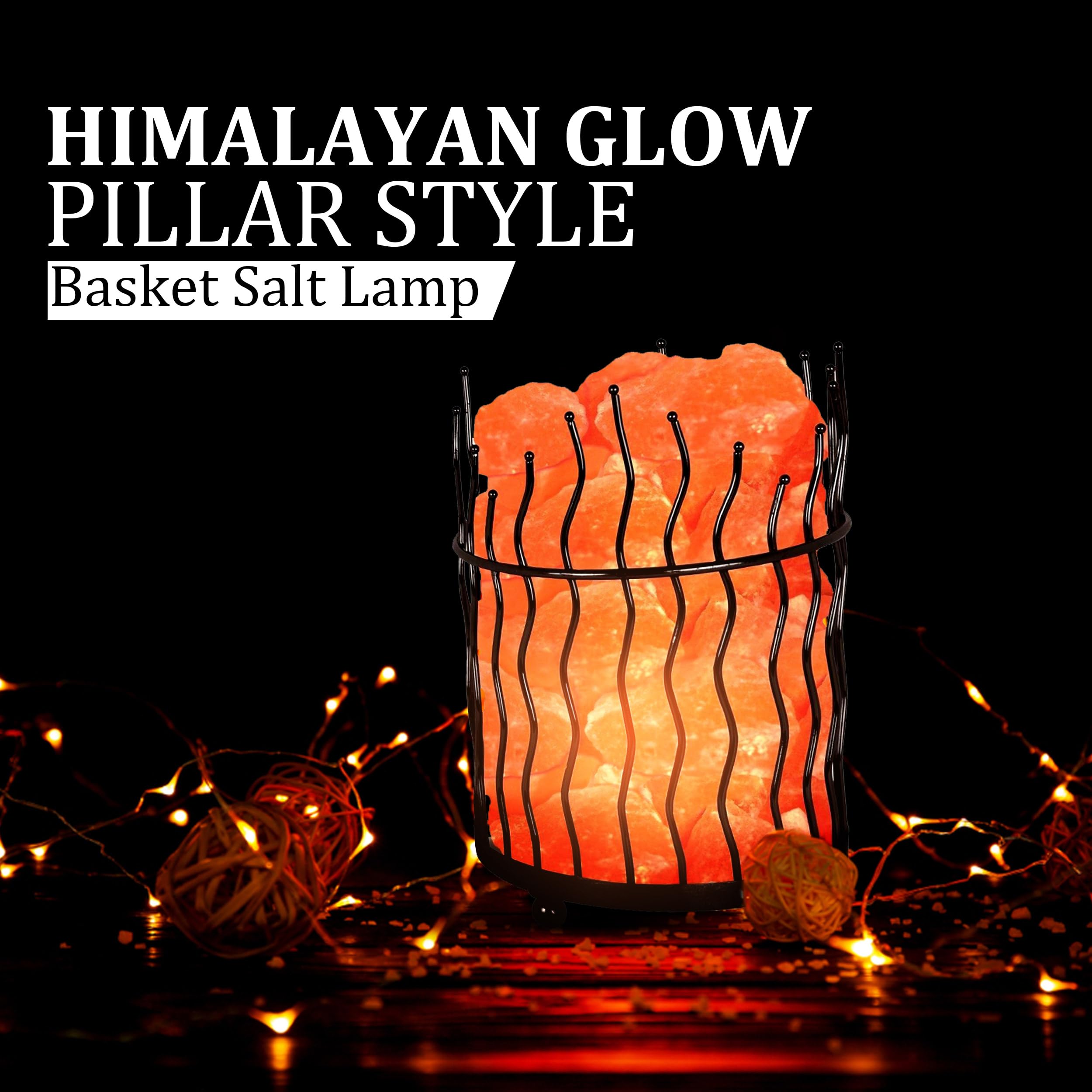 Himalayan Glow Tall Round Metal Basket Lamp with Dimmer Switch, Natural Himalayan Salt, 8-10 lbs, Orange, Model D-1332