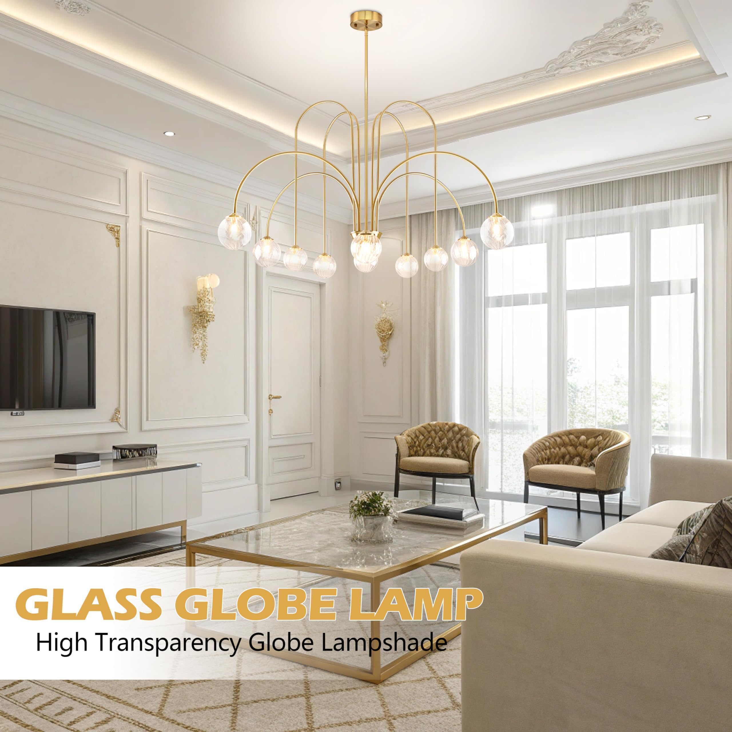 Bagood 10-Light Modern Sputnik Chandelier Gold Sputnik Chandelier 43    Globe Light Fixture With Clear Globe Glass Mid Century P