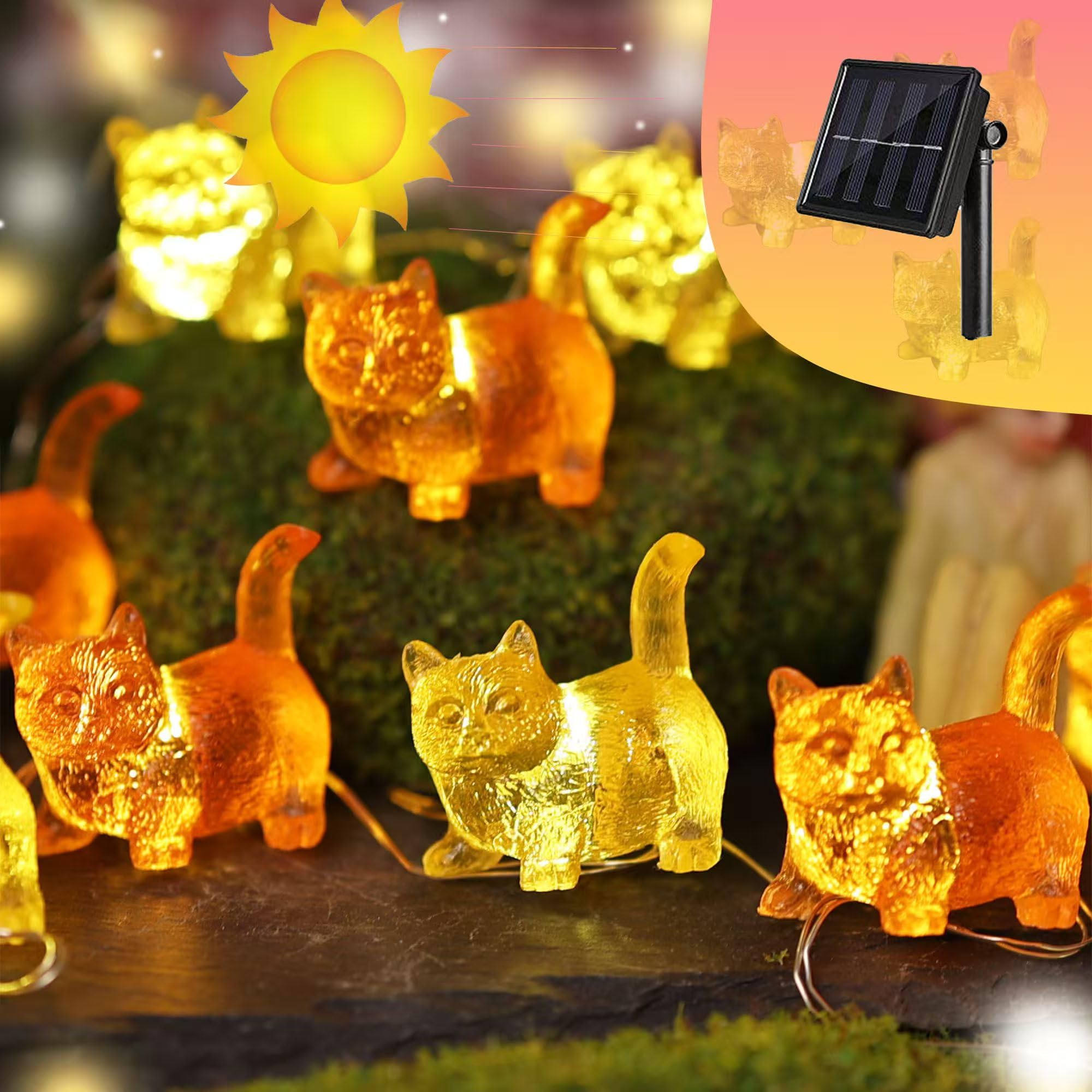 Solar Cat String Lights - Christmas Thanksgiving Holiday Decor - Waterproof Kitty Fairy Lights For Garden  Patio Summer Parties - Solar Powered Cat D?Cor For Festive 40Led 14Ft Fence Window Pond