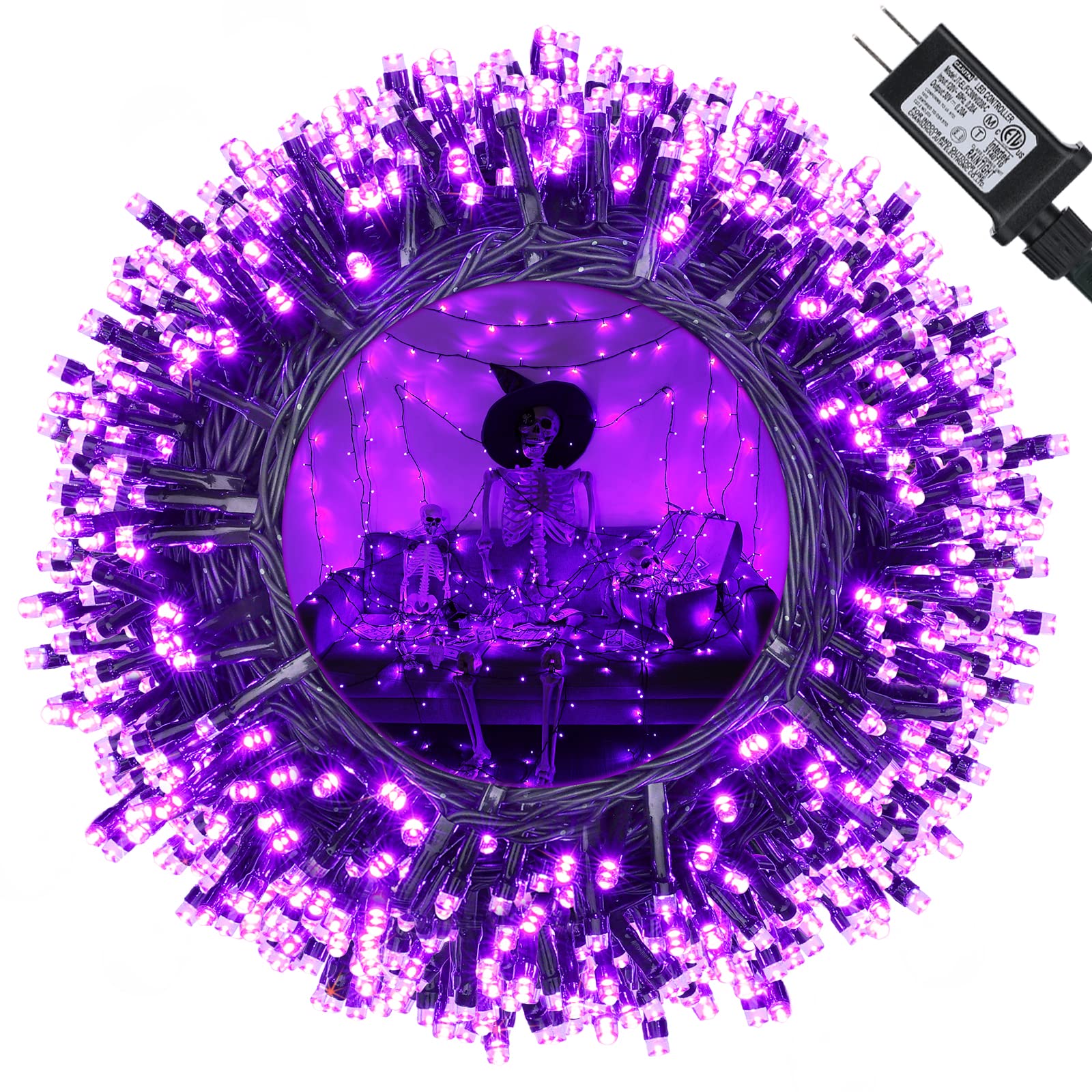 Jnaurb Purple Halloween String Lights, 300 LED, 114ft, Waterproof, 8 Modes, Indoor/Outdoor Decorations, Model JT-ELFC300V0200-C
