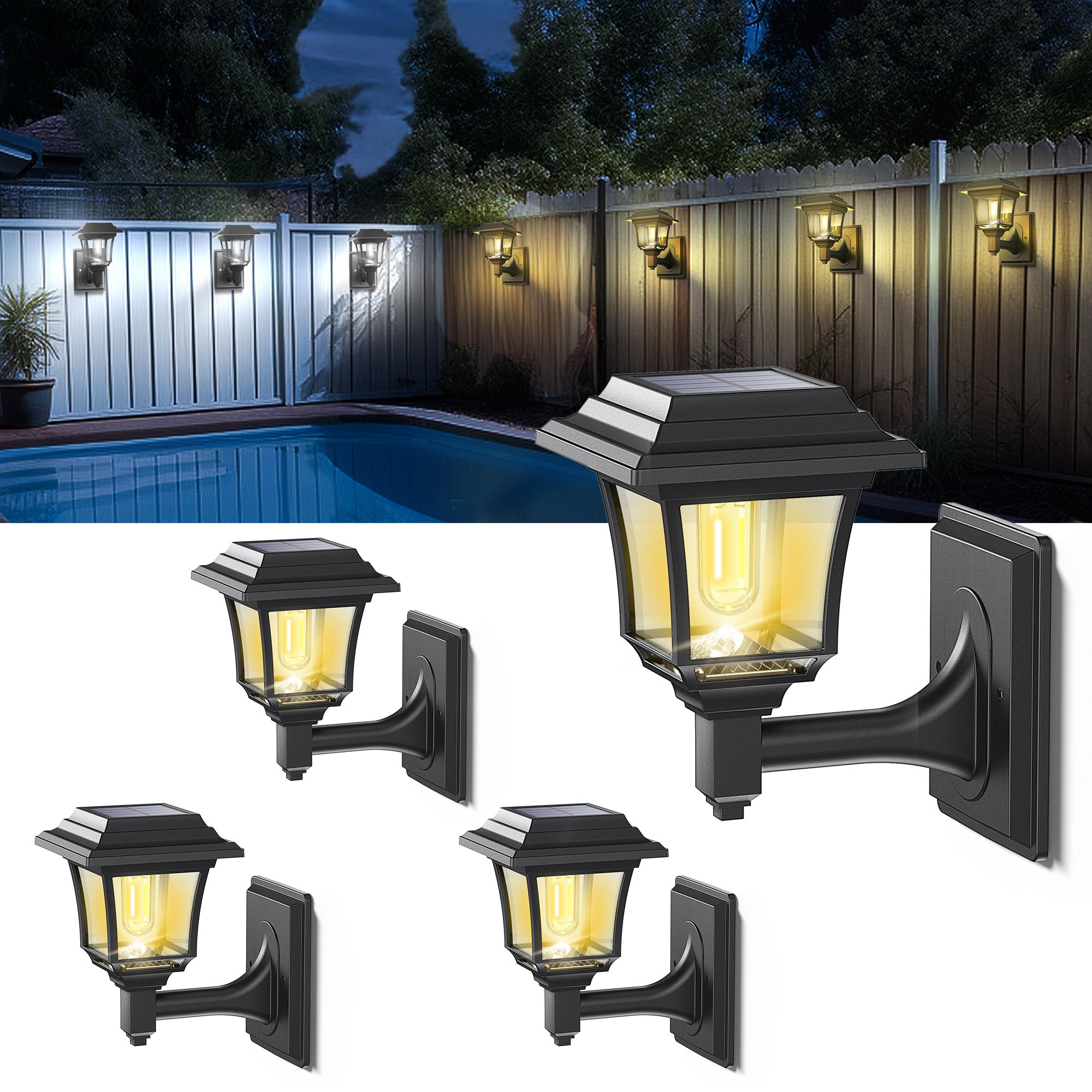 LeiDrail Solar Fence Lights, Edison Bulb, Waterproof LED, Warm/Cold White, 4 Pack, Black