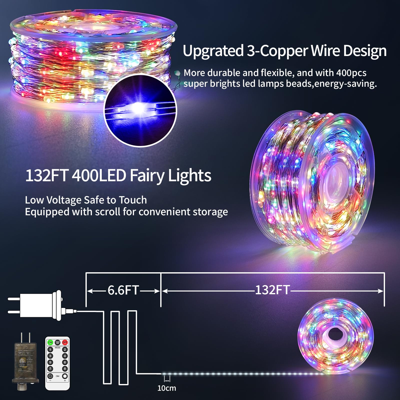 JXLEDAYY 400 LED Fairy Lights Outdoor Waterproof Twinkle Lights with Timer, 8 Modes, Multicolored, Model BG-CL3M3-306L01