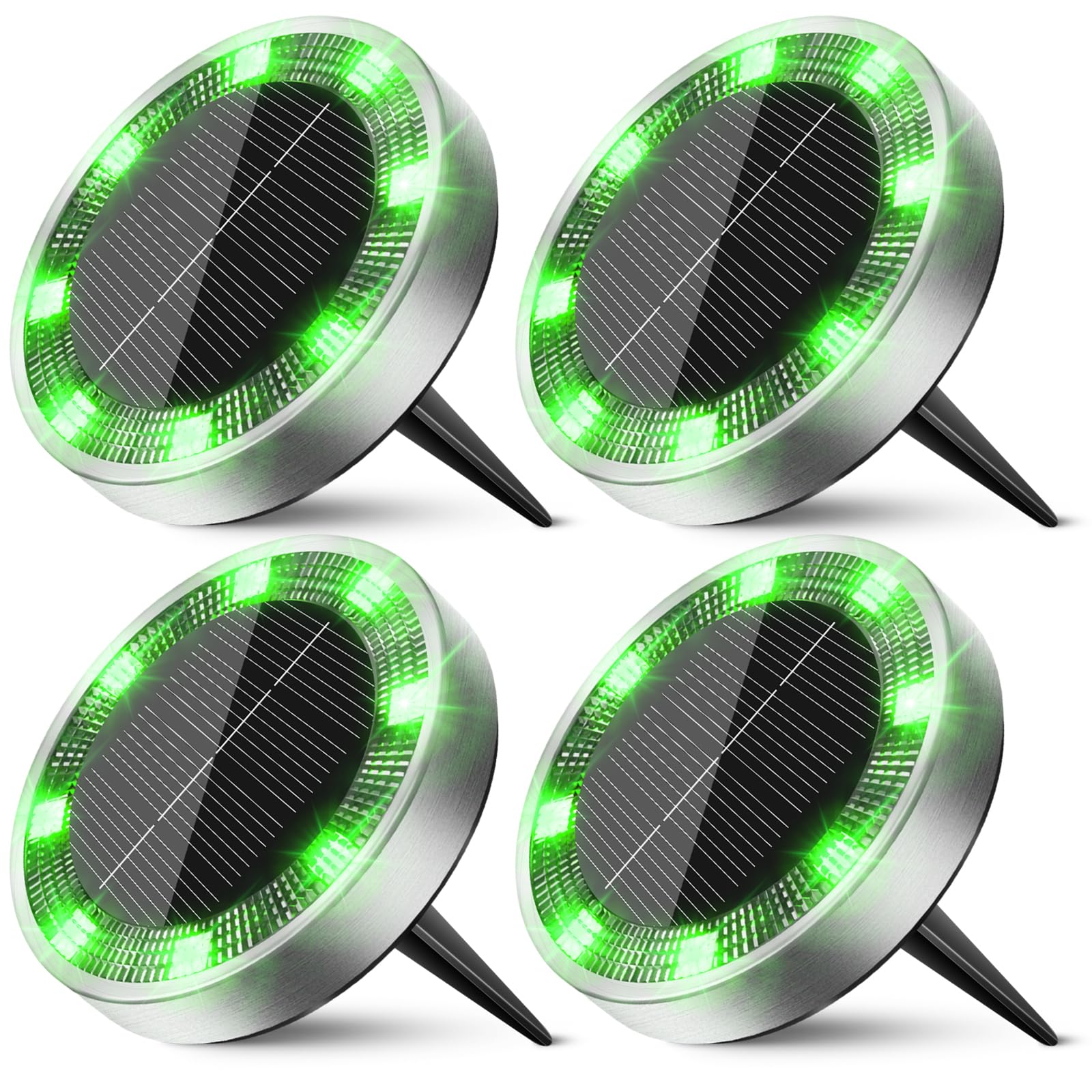 Peasur Mini Solar Ground Lights Outdoor  4 Pack Flat Solar Powered Disc Lights  IP68 Waterproof  Anti-Rust  Landscape Lighting for Pathway Garden Yard Lawn Walkway Landscape Driveway  Green