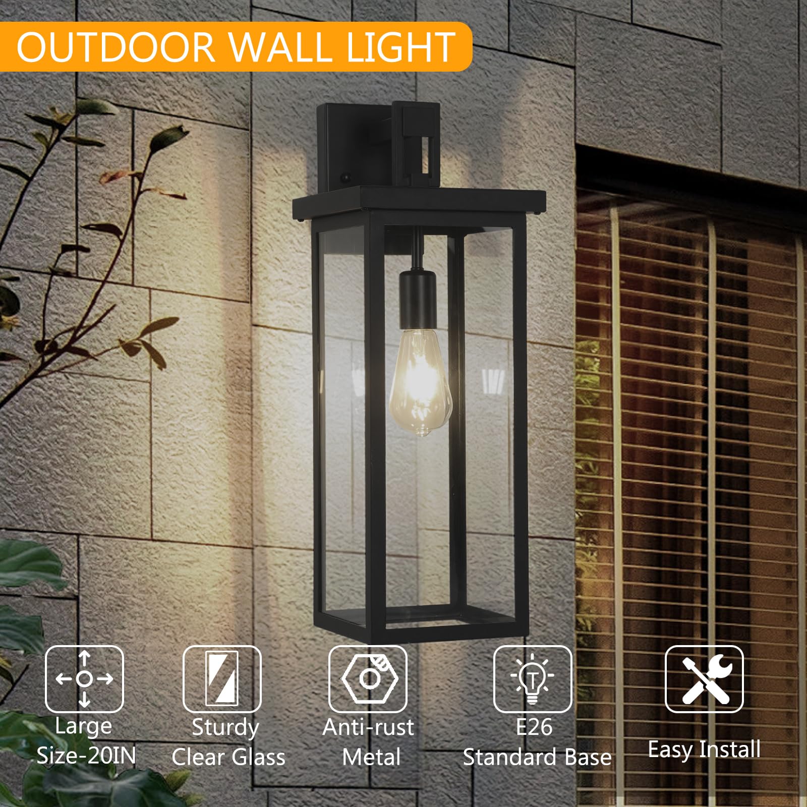 Zsmaiku 20&quot; Black Modern Outdoor Wall Lanterns, Waterproof Clear Glass Shade, 2 Pcs