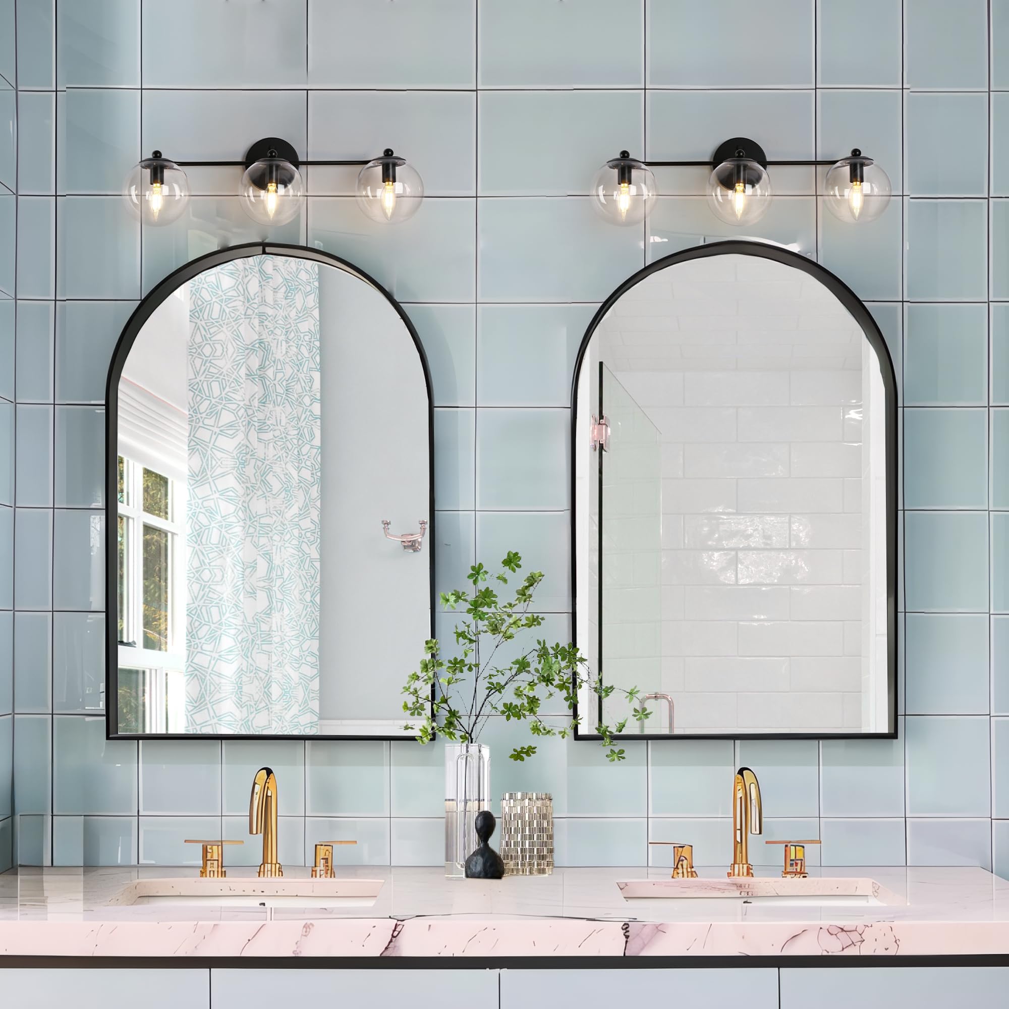 GEPOW 3-Light Bathroom Light Fixtures, Black Metal Vanity Lamp with Clear Globe Shade