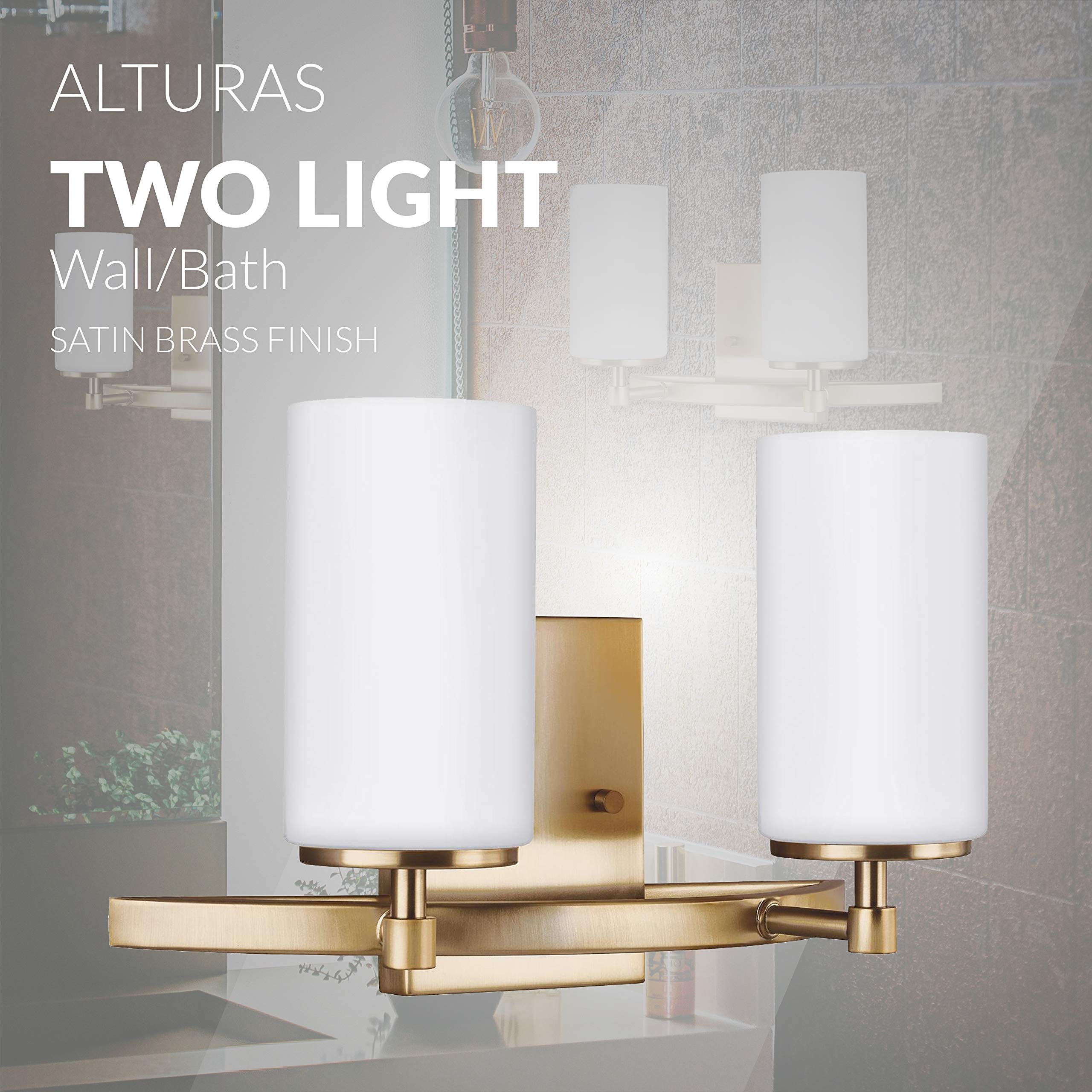 Sea Gull Lighting Alturas Two-Light Wall/Bath Vanity Fixture, Satin Brass, Model 4424602-848, Alloy Steel Construction