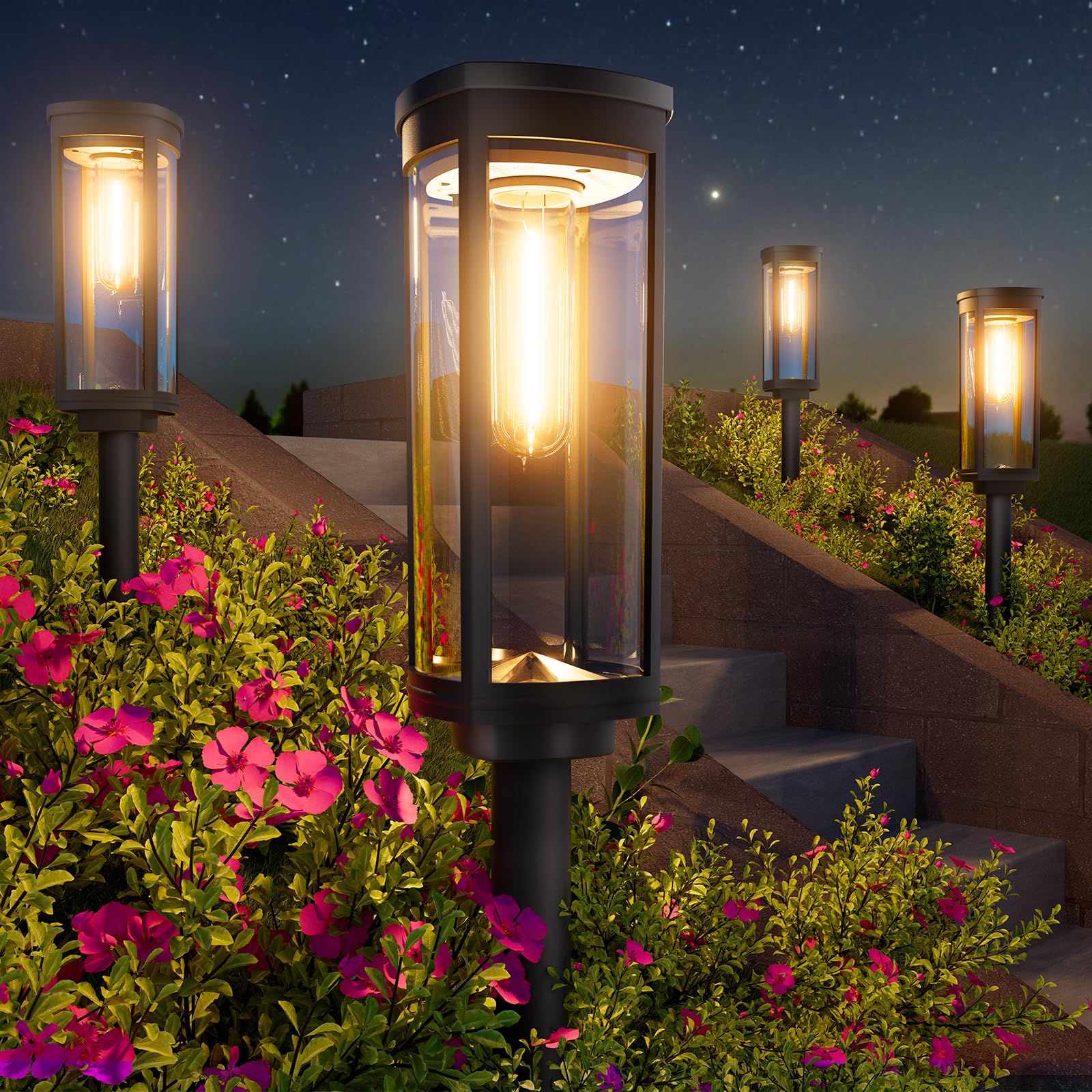 BITPOTT Solar Pathway Lights - 4 Pack Bright Warm White Outdoor Garden Lights, Waterproof IP65, Model PW-T-006