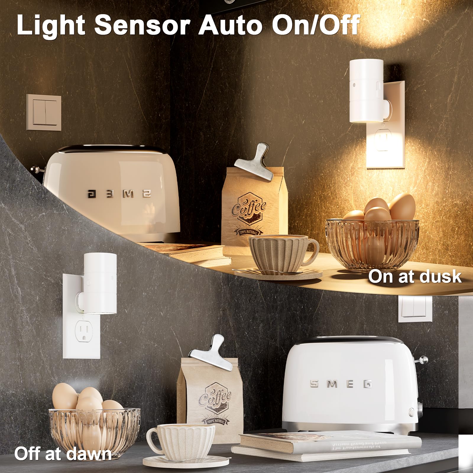 NIORSUN Night Light Plug-In, 3 Light Modes, Dusk to Dawn Sensor, 0-100LM Dimmable, White, 4 Pack, Model LH-XYD001