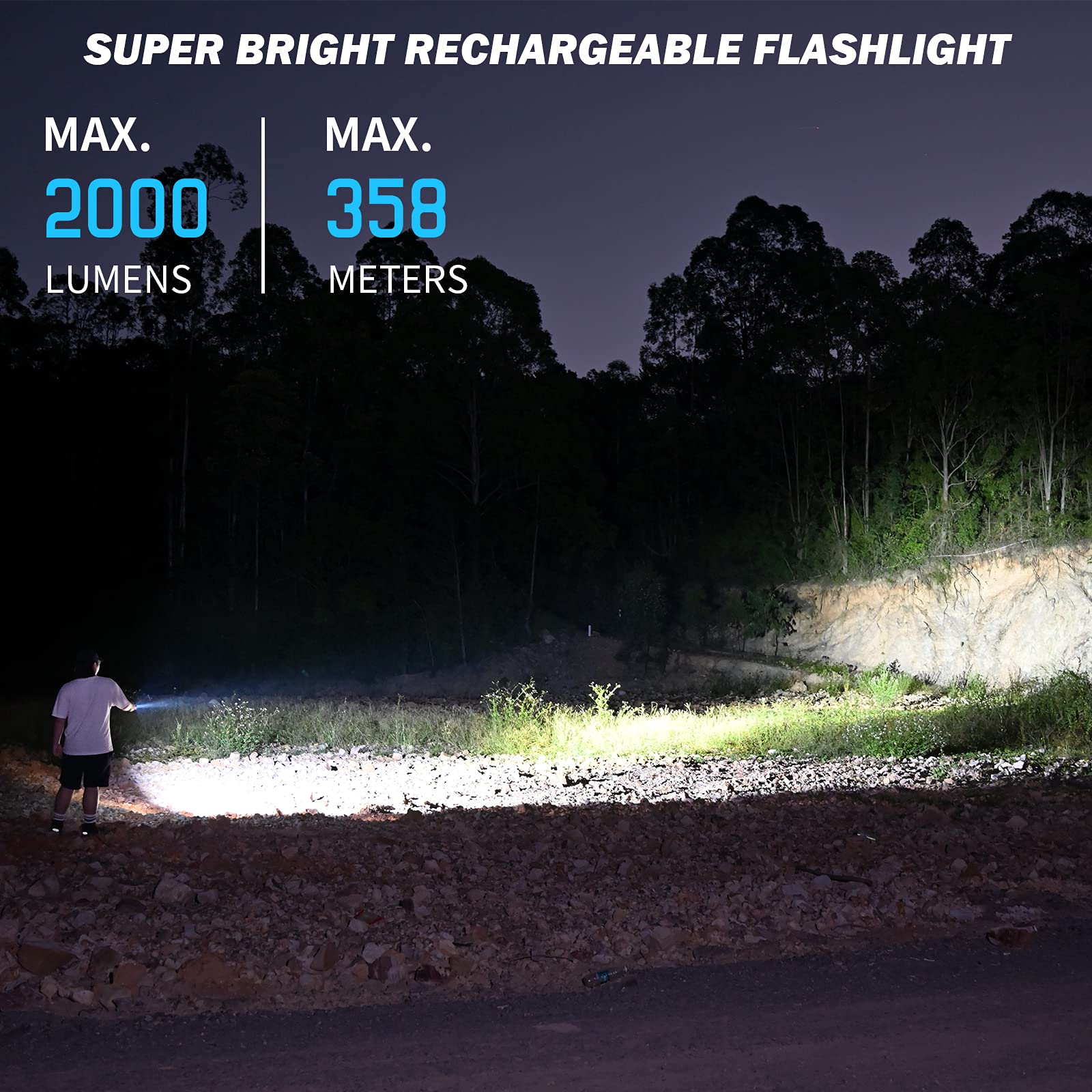 WUBEN C2 Tactical Flashlight - 2000 Lumens, USB-C Rechargeable, 7 Modes, Waterproof, Black, Aluminum