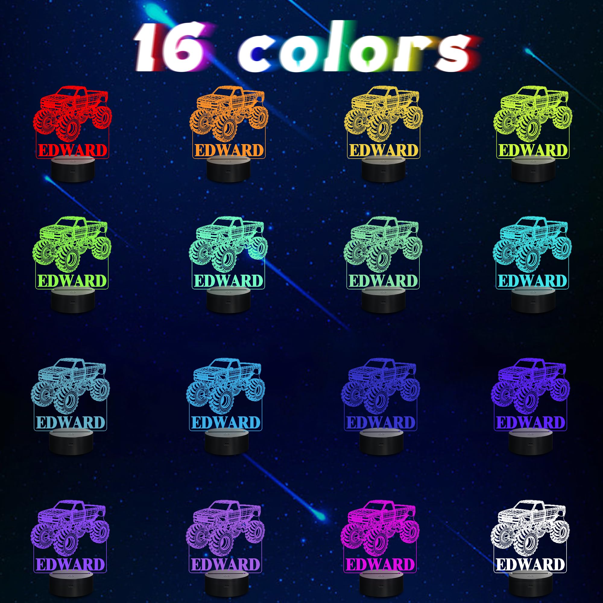 CoolGift Mart Customized Monster Trucks Night Light for Boys, 3D LED Optical Illusion Lamp with Remote Control and Timer, Perfec