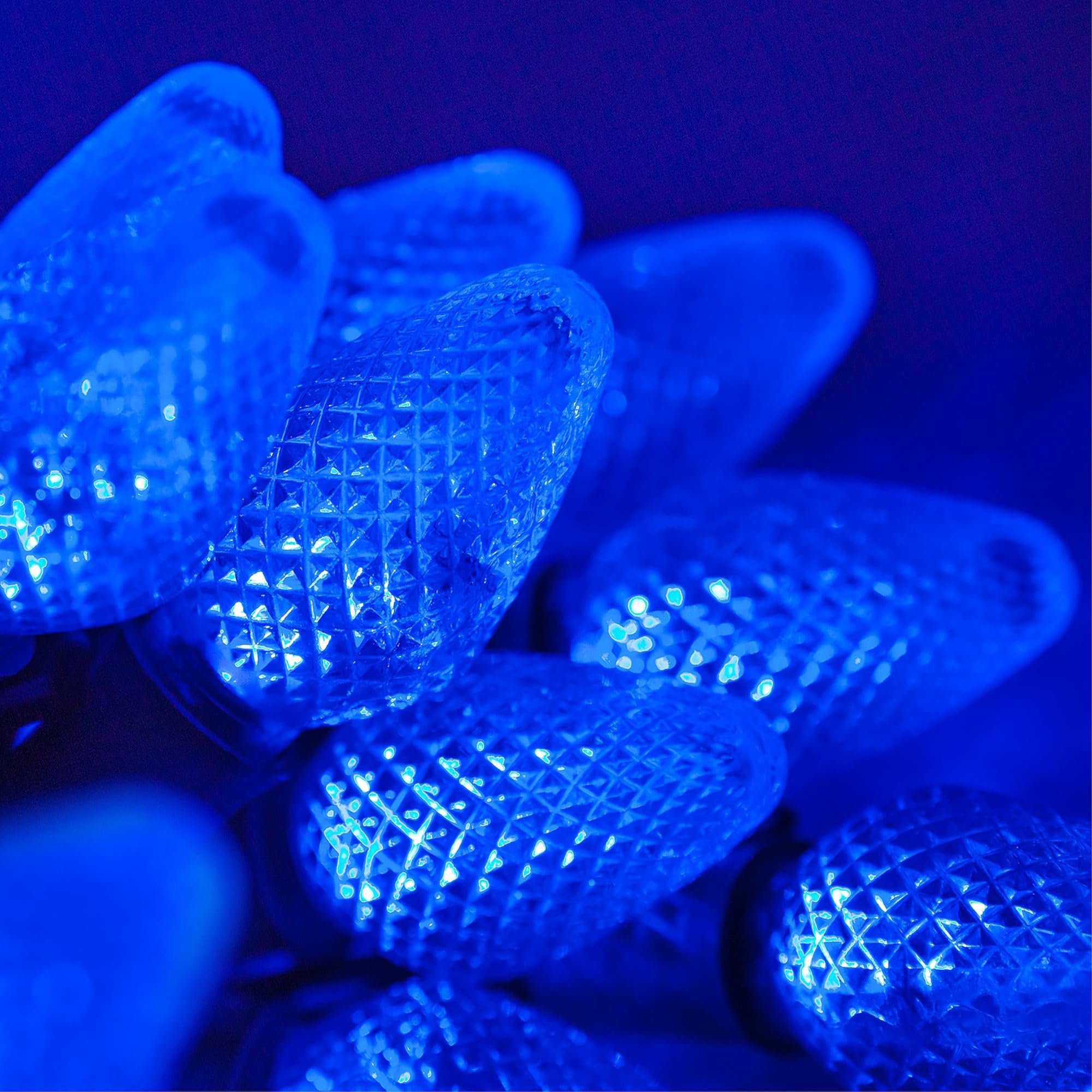 C7 LED Faceted Blue Prelamped Light Set, Green Wire - 25 C7 Blue LED Christmas Lights, 8&quot; Spacing
