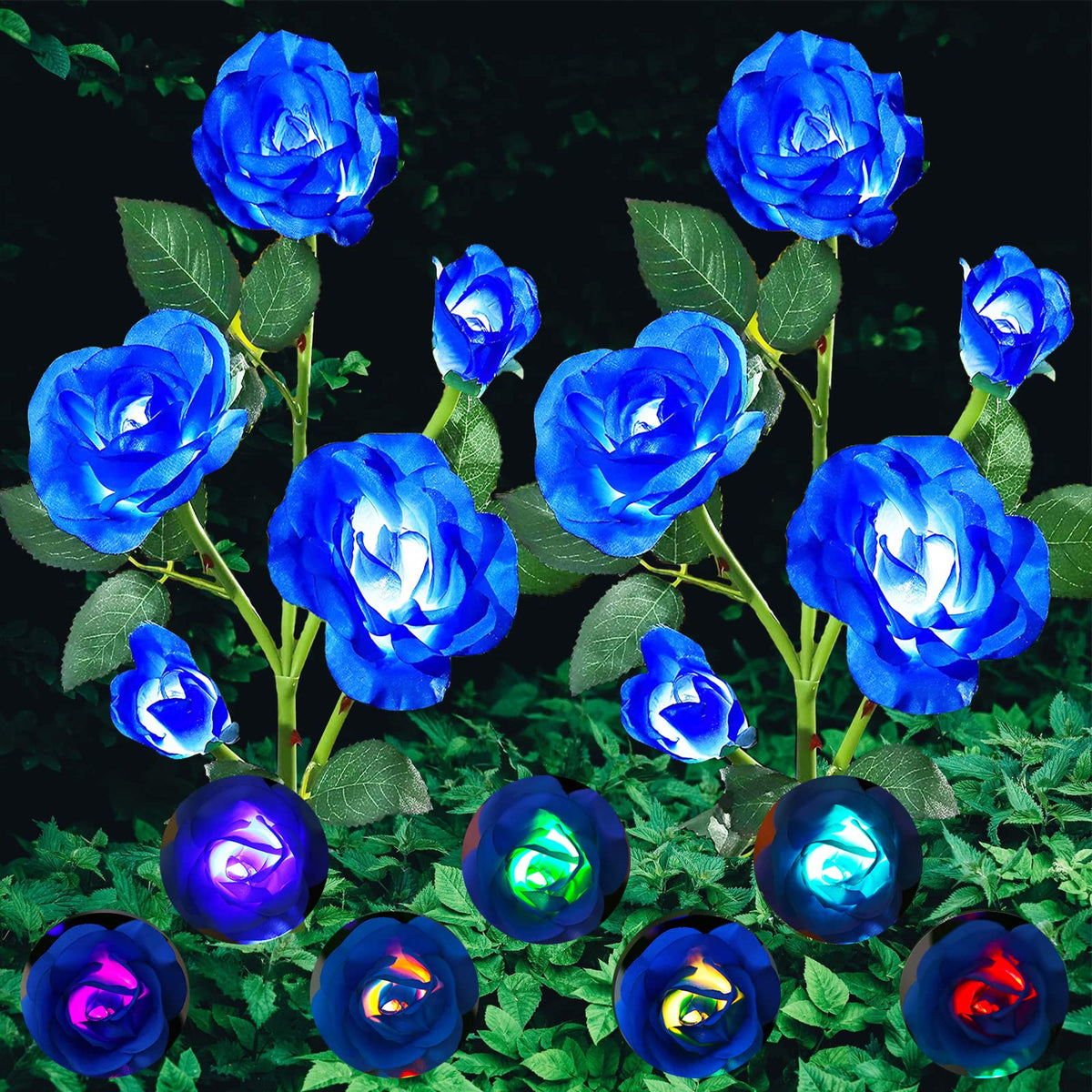 Angmln 2 Pack Solar Garden Lights, Solar Flower Lights Outdoor Waterproof With 10 Head Blue Rose 7-Color Changing Landscape Ligh