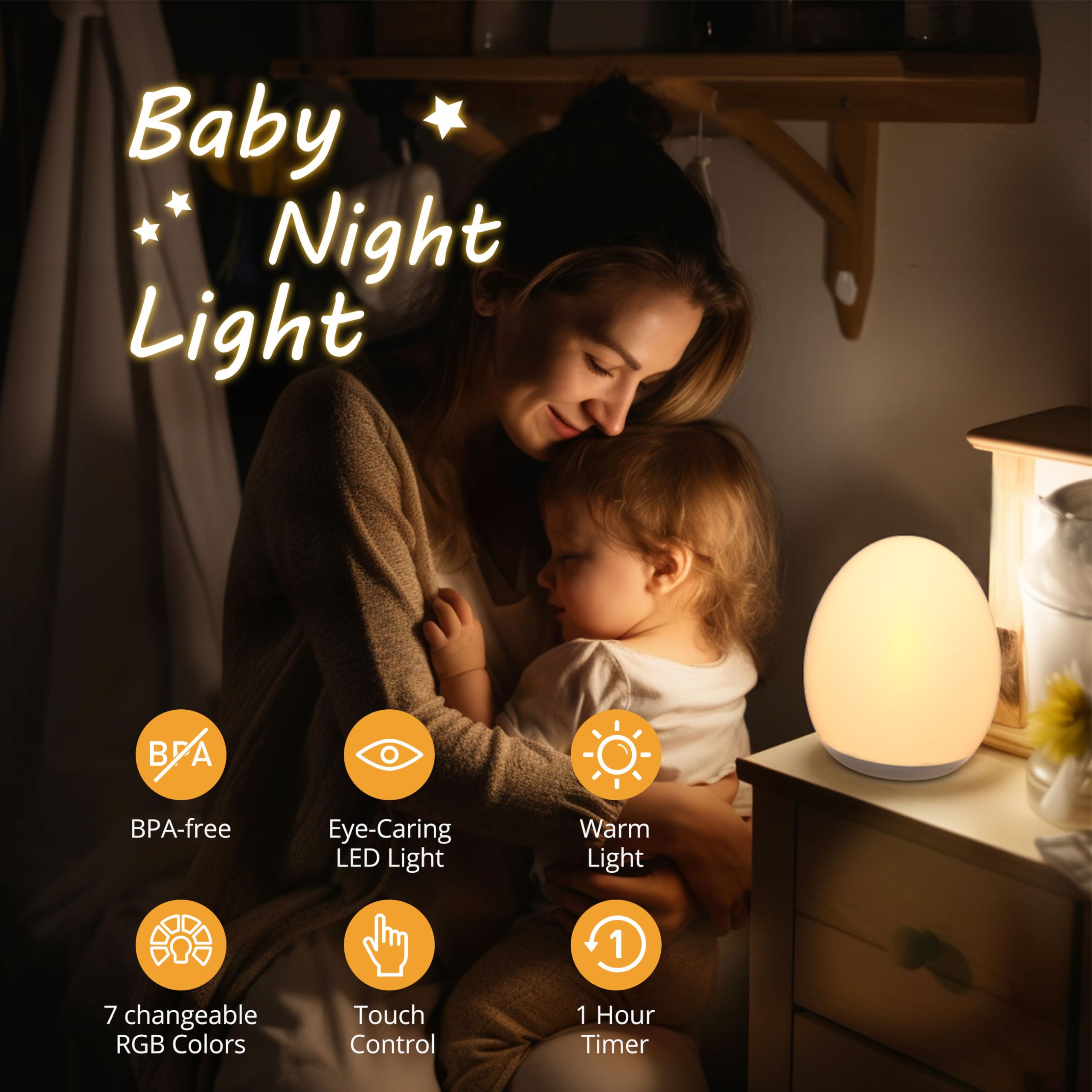 JolyWell Night Light for Kids, Rechargeable Egg Lamp with 7 RGB Colors, Touch Control, 1-Hour Timer, BPA Free, Portable Nursery Light