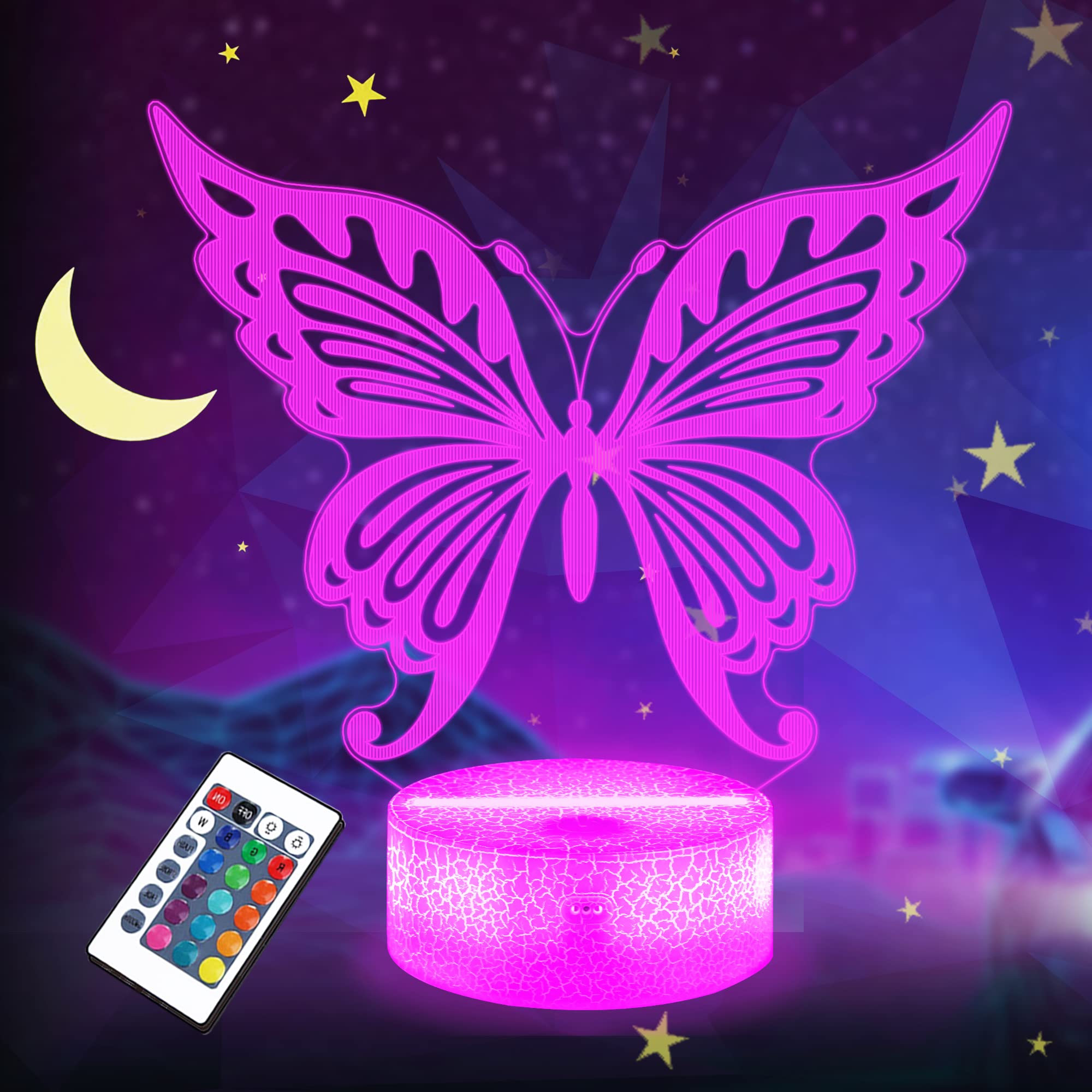Lightzz Butterfly Night Light, LED 3D Illusion Lamp with Remote Control, 16 Colors, Acrylic, Model FS-XMX001-9999