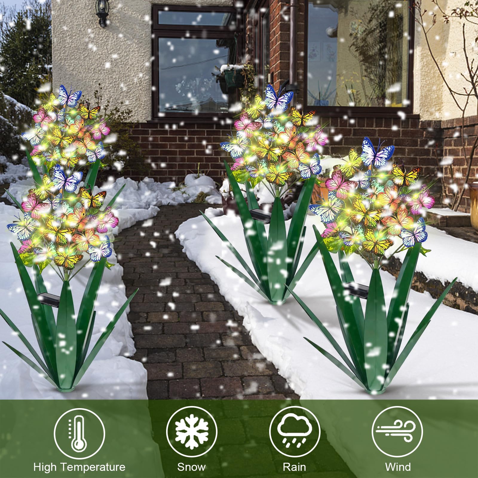 Homight Solar Metal Agave Butterfly Flower Stick Garden Sculpture - 3 PCS Green, Iron, Outdoor Christmas Lights