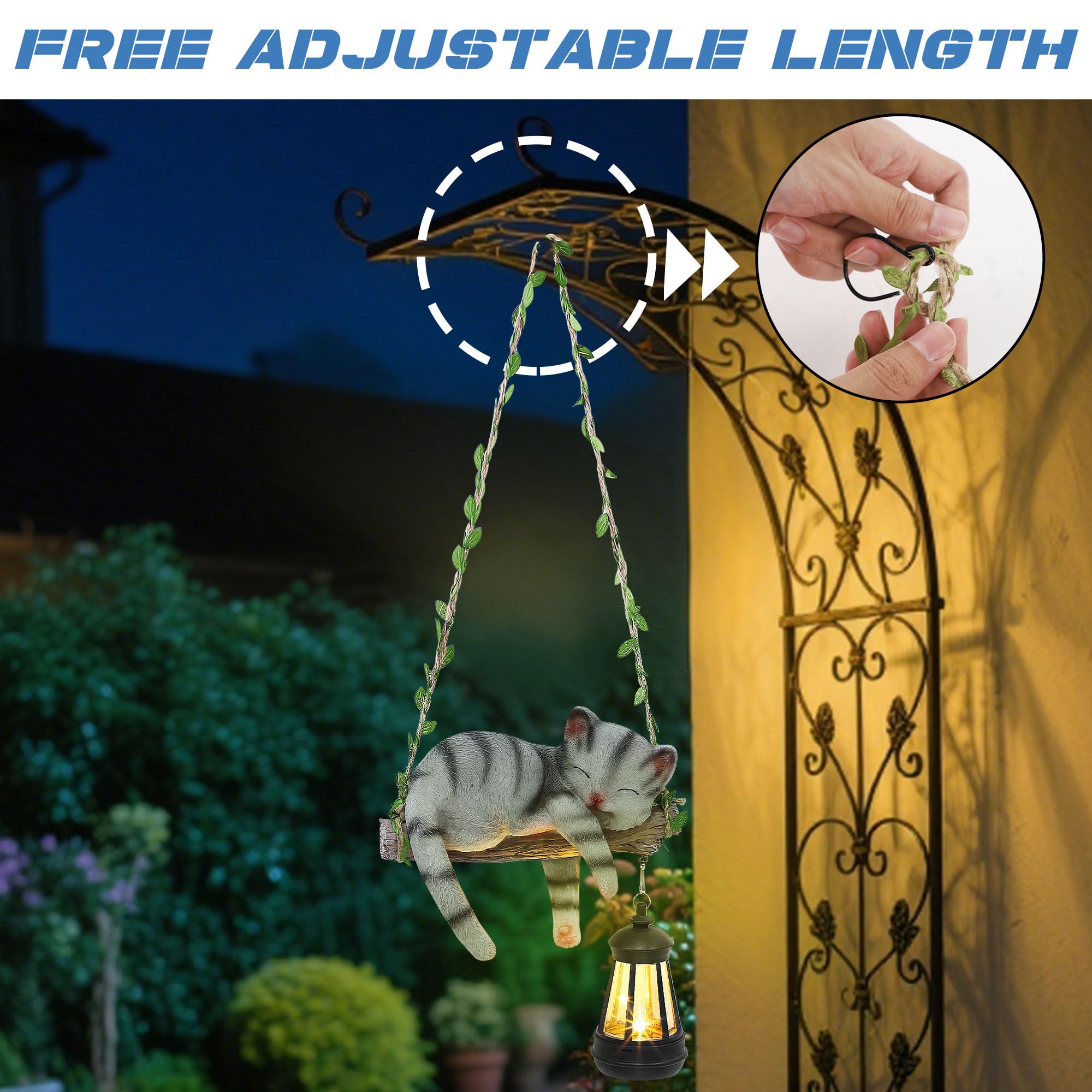 ZaaYee Solar Lighted Garden Statue - 22.6" Resin Cat with Lantern, Gray, Model LIECAT, Outdoor Hanging Decoration