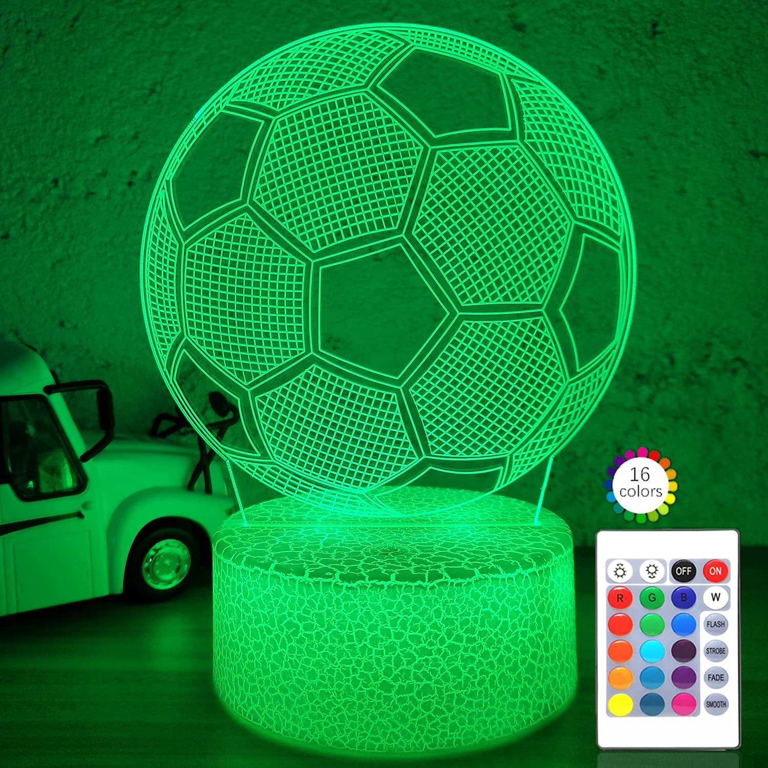 I-Chony Soccer Gifts Night Light For Kids,Soccer 3D Illusion Lamp 16 Colors Dimmable Bedroom Decor Bedside Lamp,With Remote & Sm