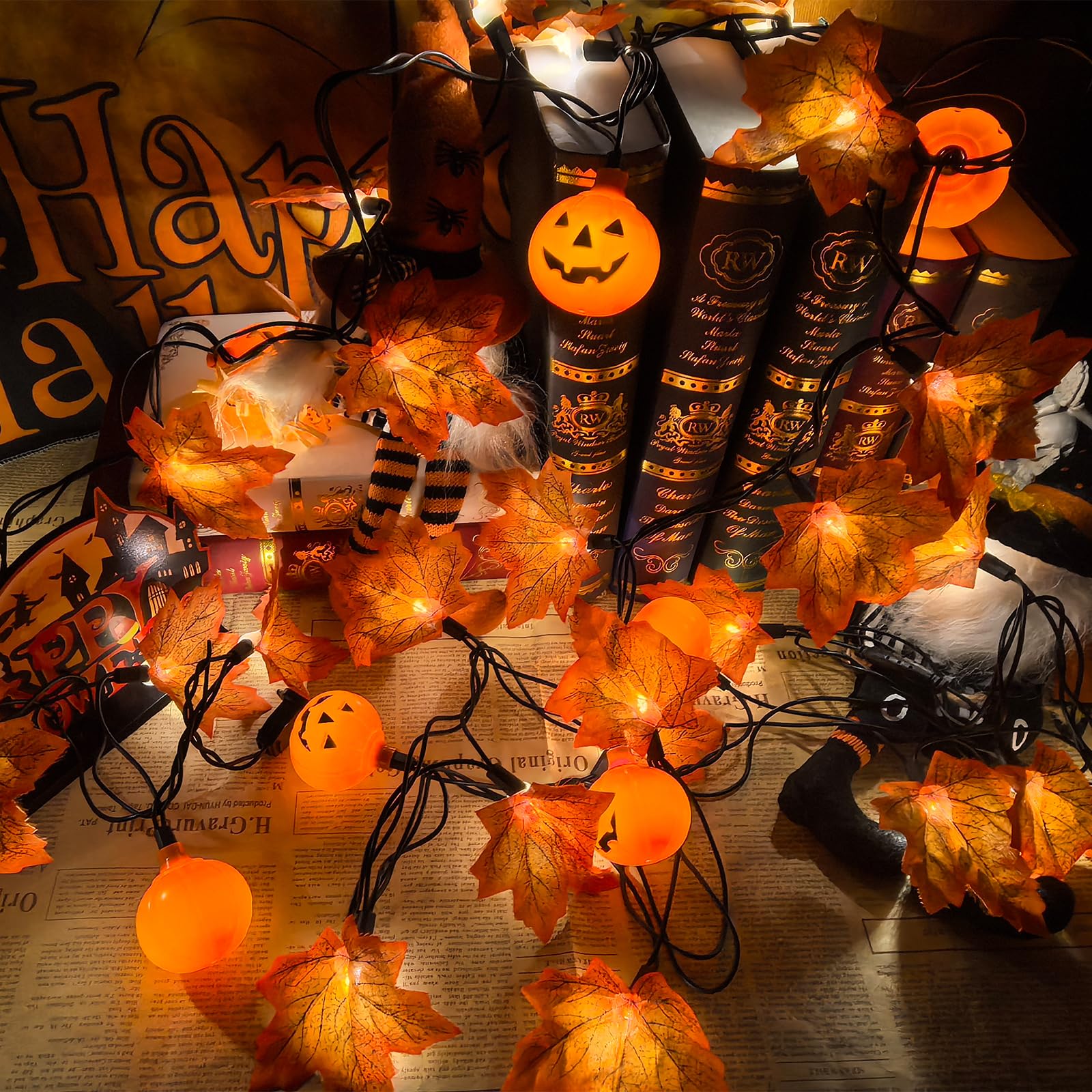 13.6Ft Fall Decor Maples Leaf & Pumpkin String Lights, Hanging Outdoor Thanksgiving Decorations Lights With 25 Maple Leaves Lights And 10 Pumpkin Lights For Thanksgiving Harvest Halloween Porch Window