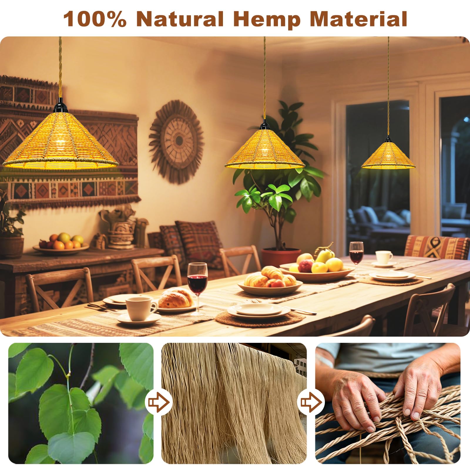 Maliralt Rattan Pendant Light - 16.4ft Plug-in Cord Fixture, Industrial Shade, 7.88 Inch, Jute Rope, On/Off Switch for Bedroom/Living Room